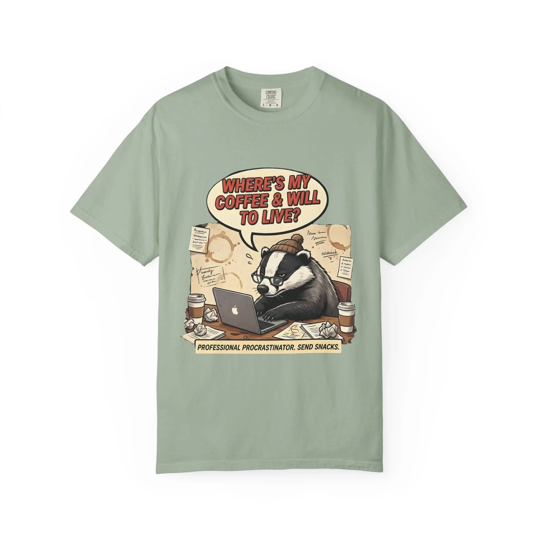 Where's My Coffee and Will to Live Badger T-Shirt | Procrastination Coffee Design | Funny Freelancer Gift | Vintage Sarcastic Humor Tee Bay