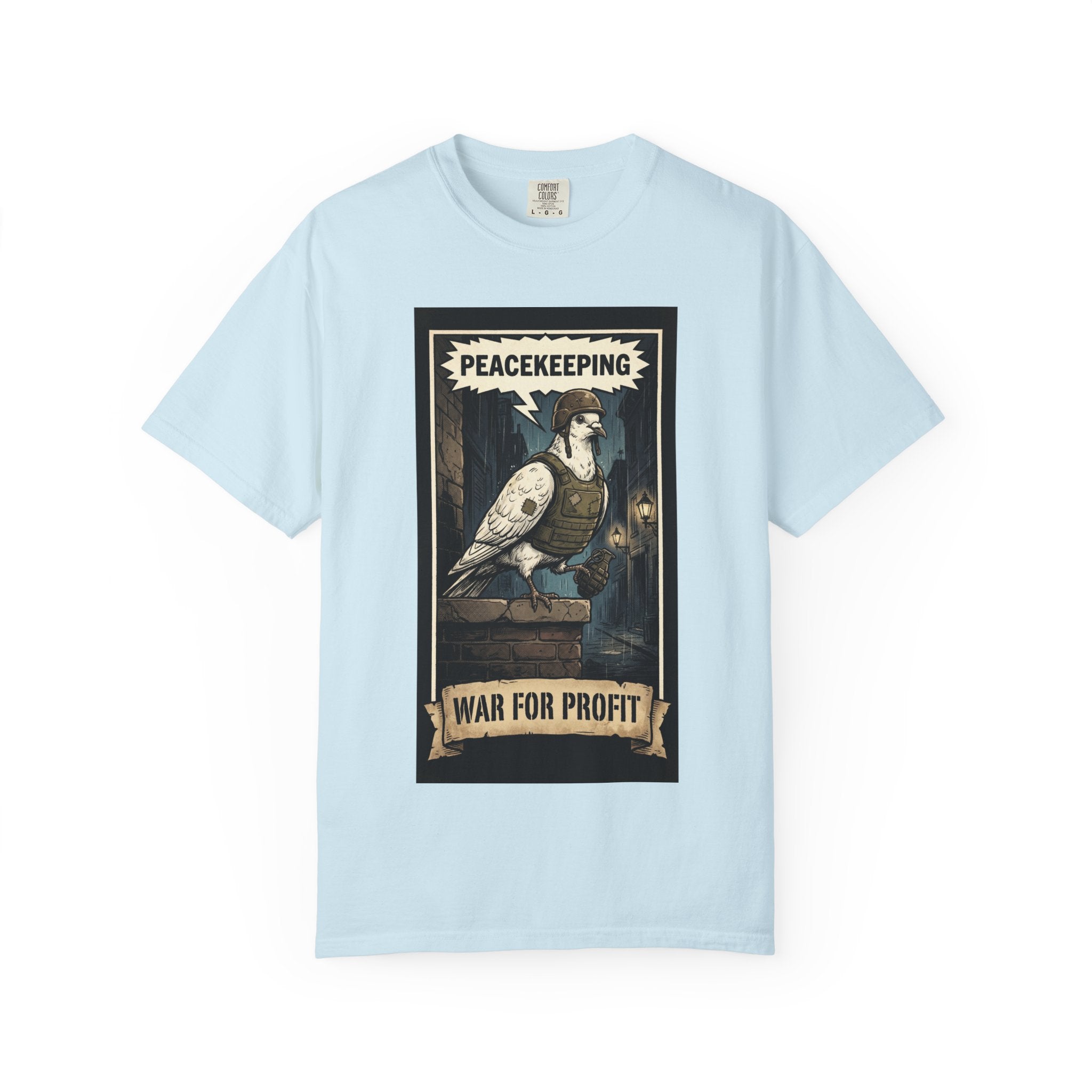 Peacekeeping War for Profit Shirt Anti War Political Satire Tee Vintage Dove Graphic Social Commentary Gift Retro Activist Apparel Chambray