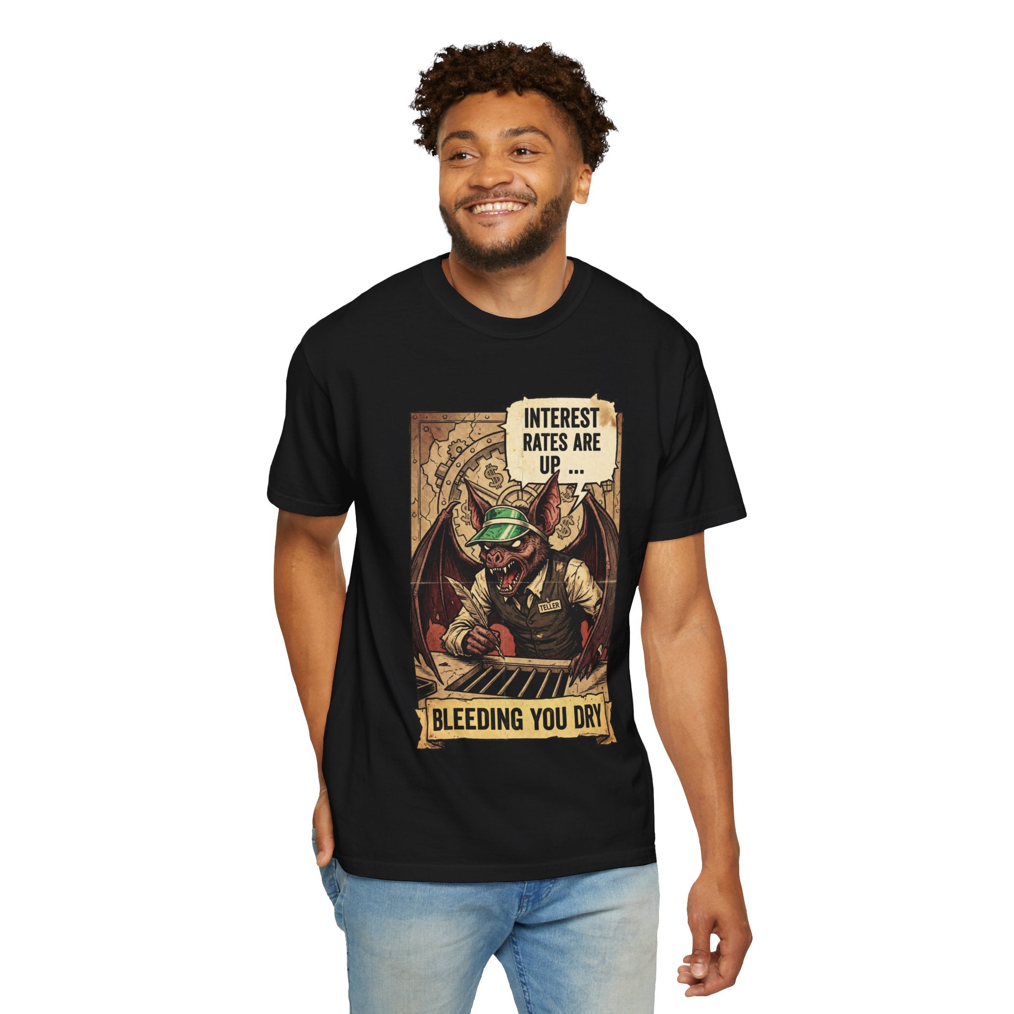 Satirical Finance T-Shirt Collection, Toxic Work Culture Skeleton Tee, Market Correction Red Wedding, Hyperinflation Satire Graphic Shirt Black