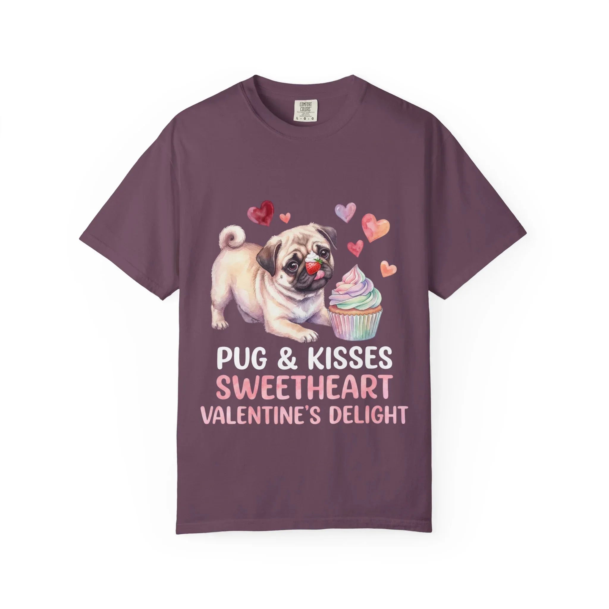 Pug Cupcake Sweetheart Valentines Delight T Shirt Cute Dog Hearts Watercolor Cozy Vintage Aesthetic Gift Pug Lovers Soft Cotton Romantic Tee Berry M