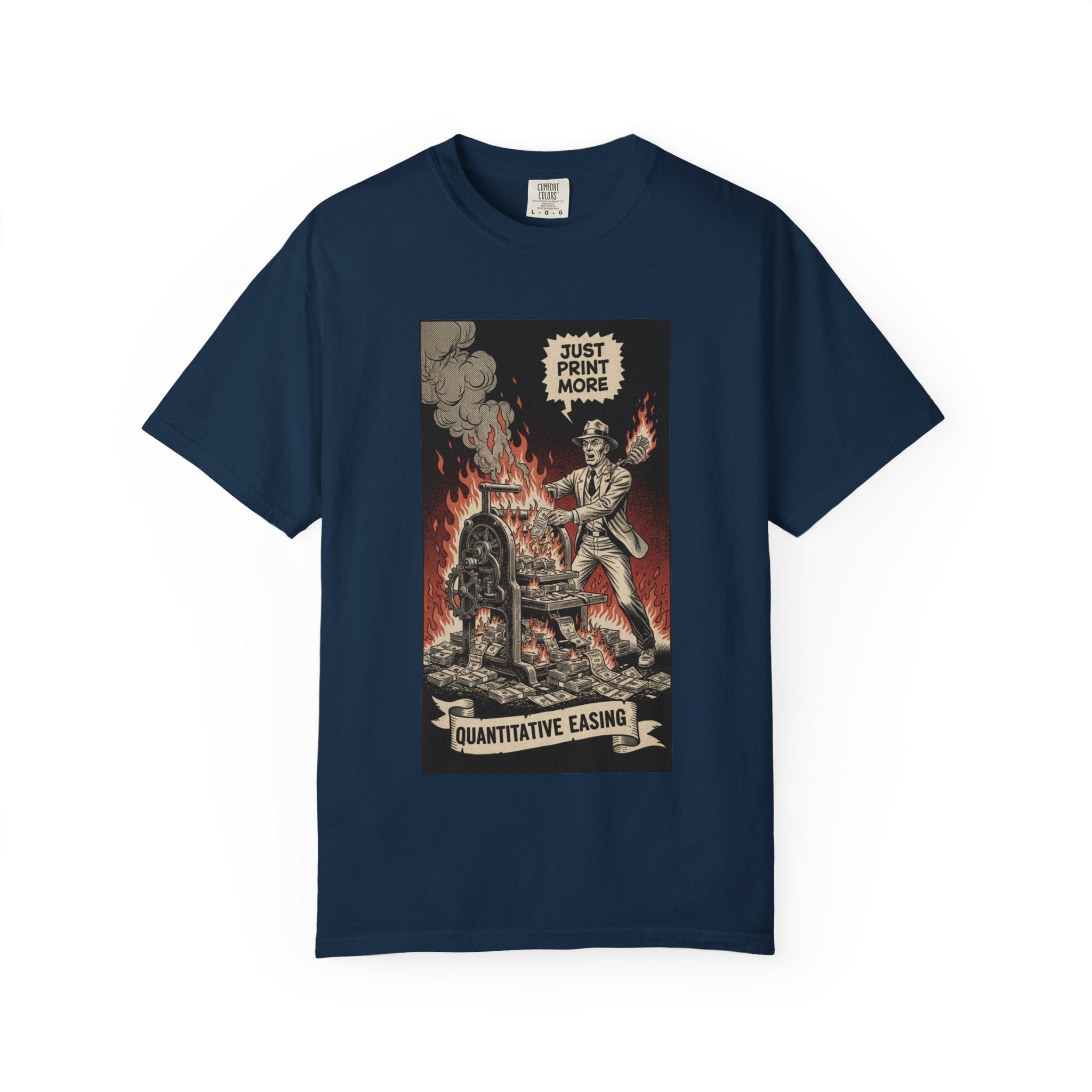 Quantitative Easing Shirt Money Printer Go Brrr Inflation Satire Tee Vintage Finance Gift Bitcoin Crypto Investor Tshirt True Navy