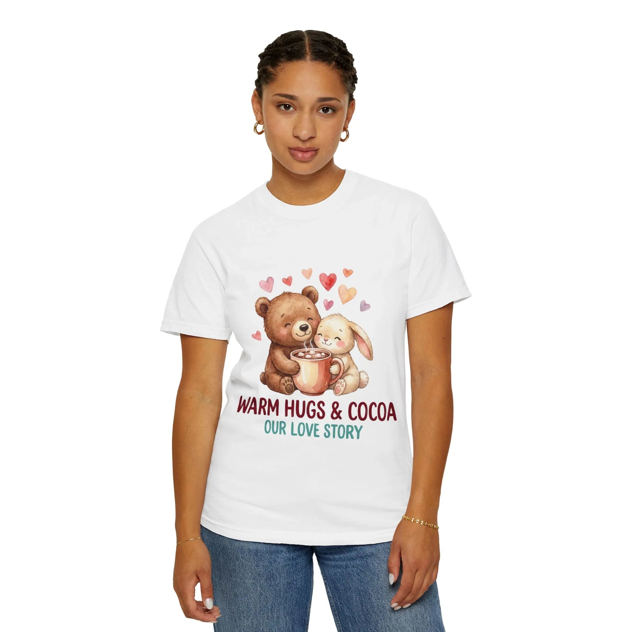 Warm Hugs and Cocoa Our Love Story T-Shirt | Bear Bunny Illustration | Cozy Winter Valentine Gift | Soft Vintage Storybook Tee