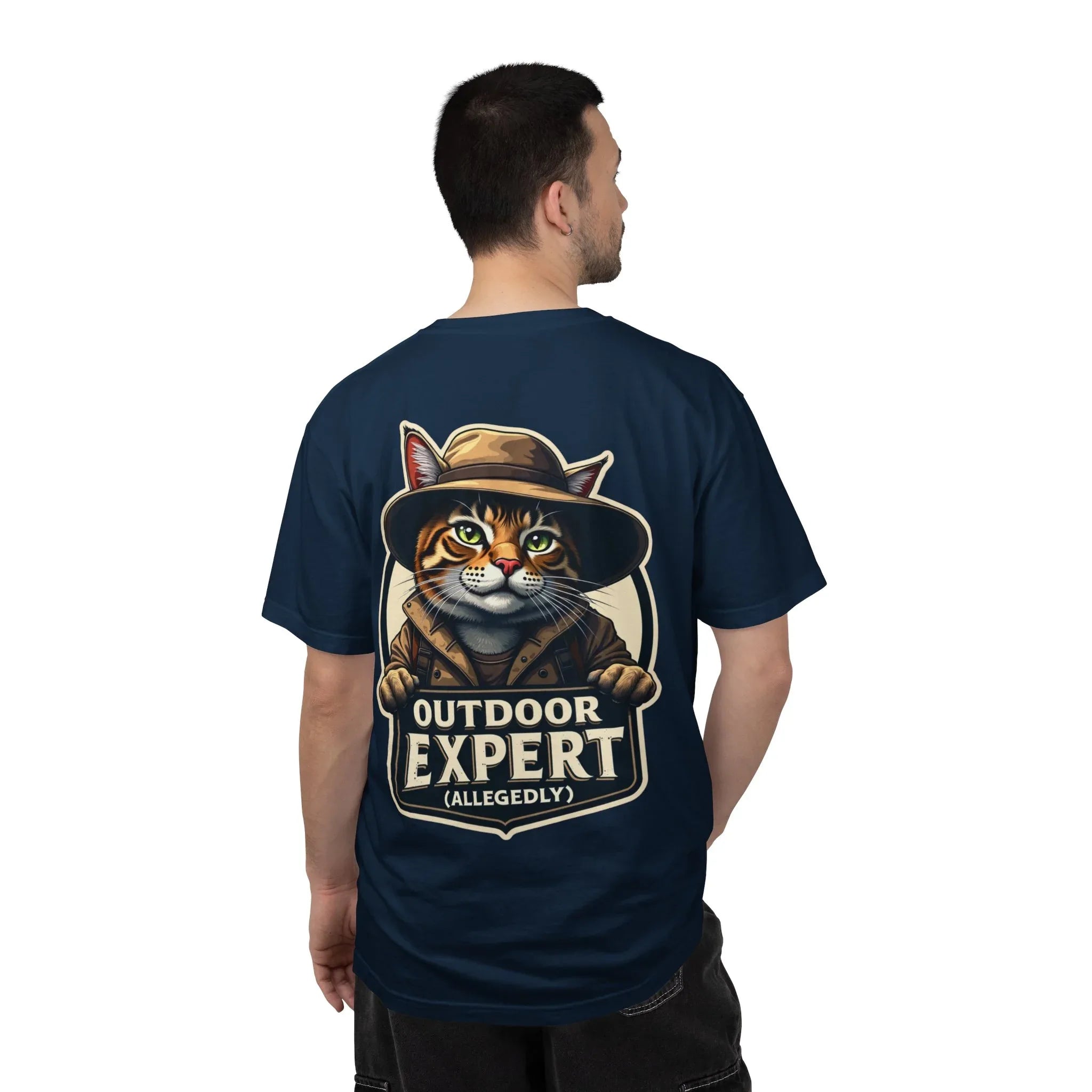 Outdoor Expert Cat T-Shirt, Outdoor Expert (Allegedly) Back Print Tee, Funny Camping Cat in Fedora Badge, Unisex Garment-Dyed True Navy
