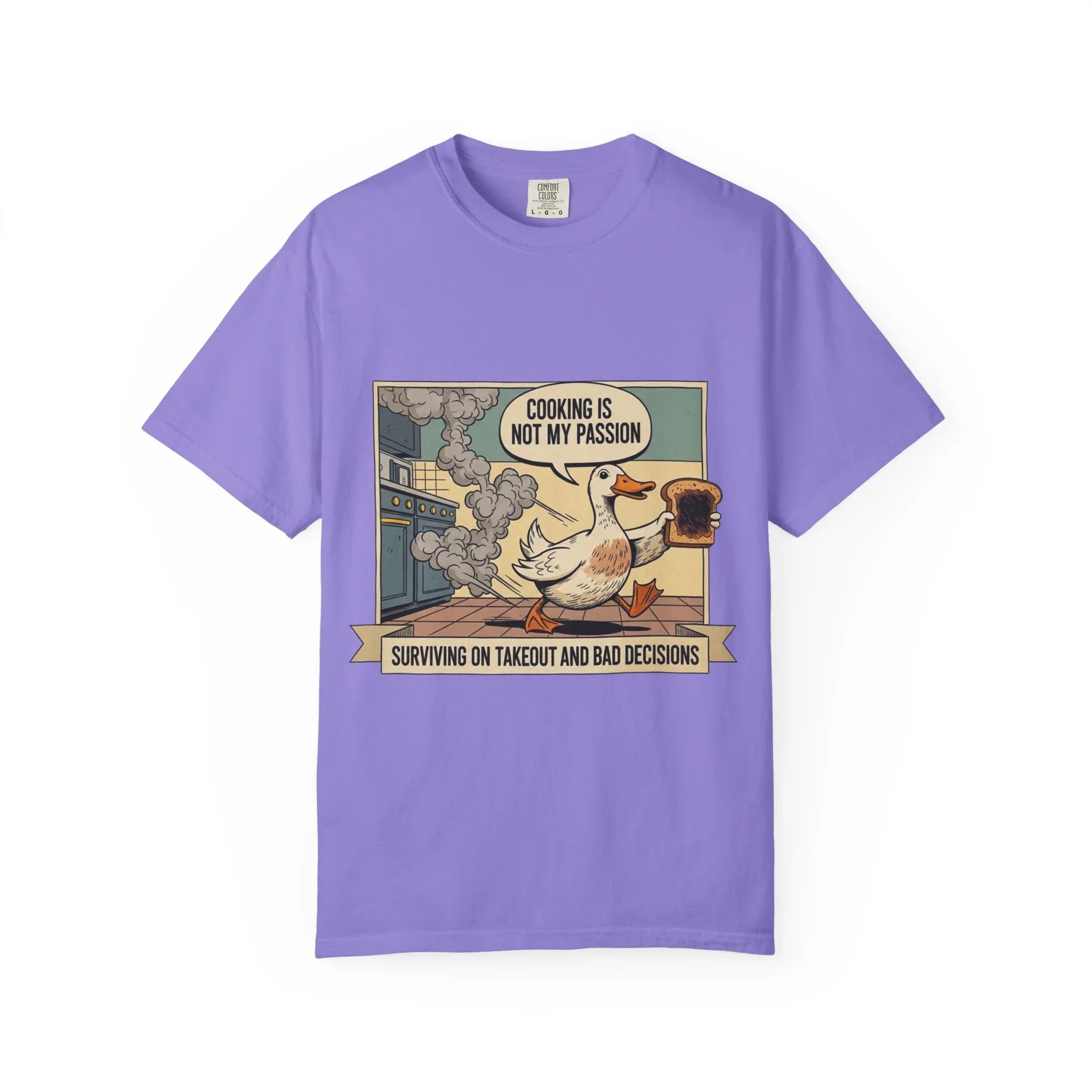 Funny Duck Cooking Shirt Retro Kitchen Fail Tee Sarcastic Foodie Gift Cooking Is Not My Passion Surviving On Takeout Shirt Vintage Cartoon Violet