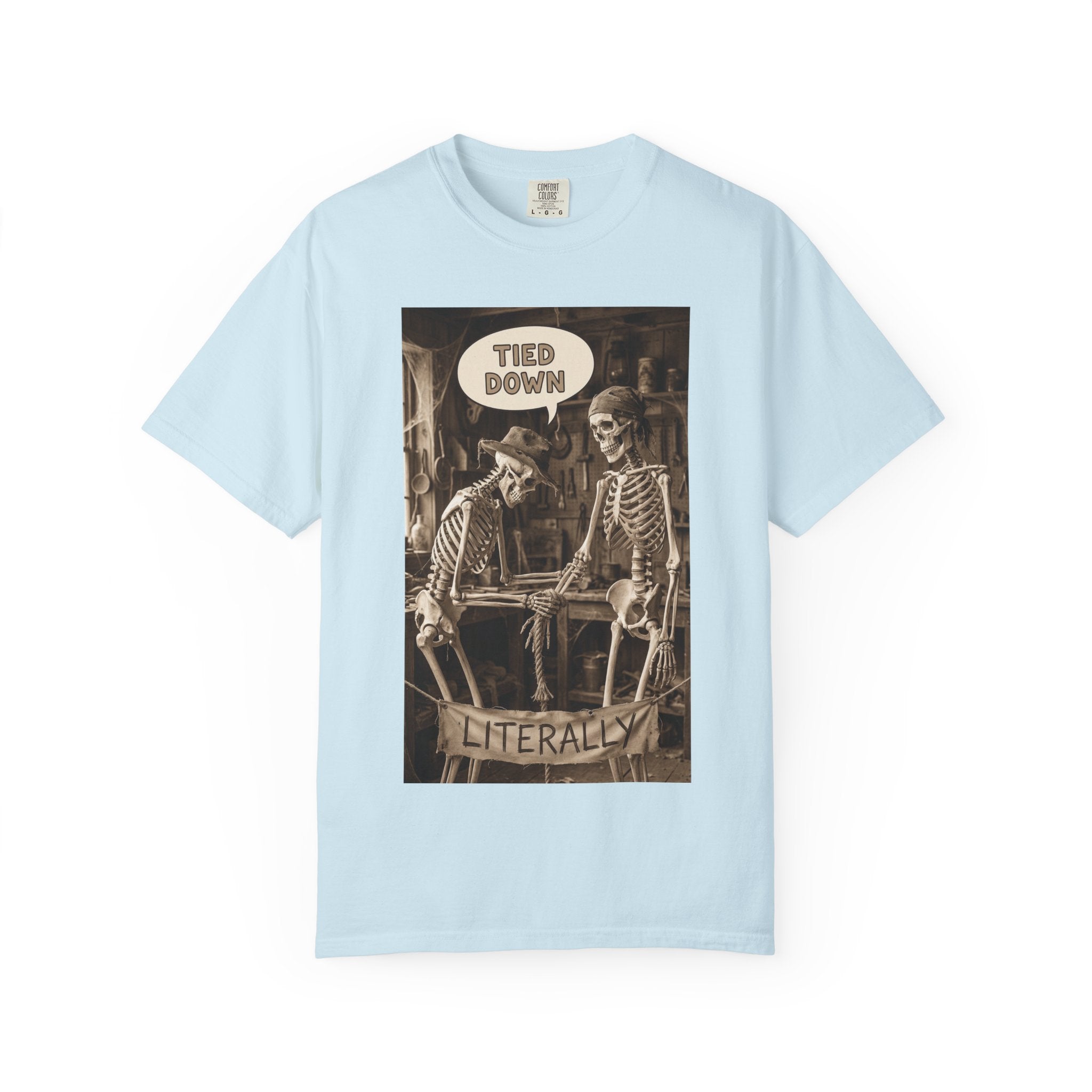 🪢 Tied Down Literally – Vintage Skeleton Satire & Dark Humor Streetwear Unisex Garment-Dyed T-shirt Chambray