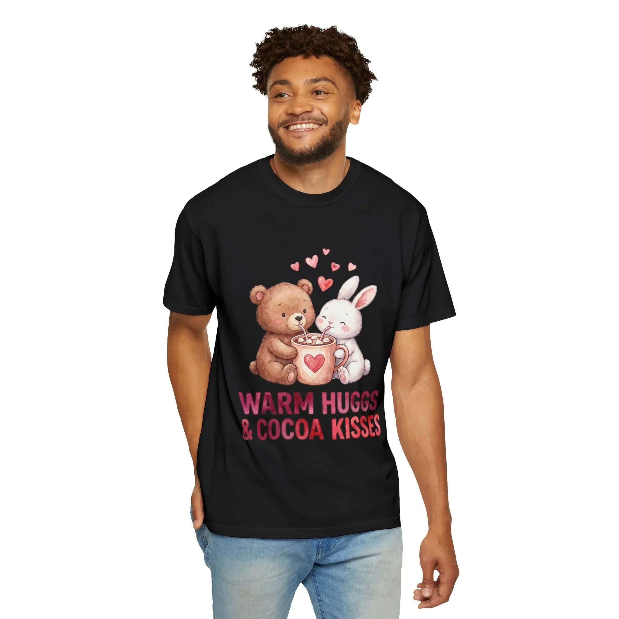 Warm Hugs and Cocoa Kisses T-Shirt | Bear Bunny Hot Cocoa Design | Cozy Winter Valentine Gift | Soft Vintage Aesthetic Tee