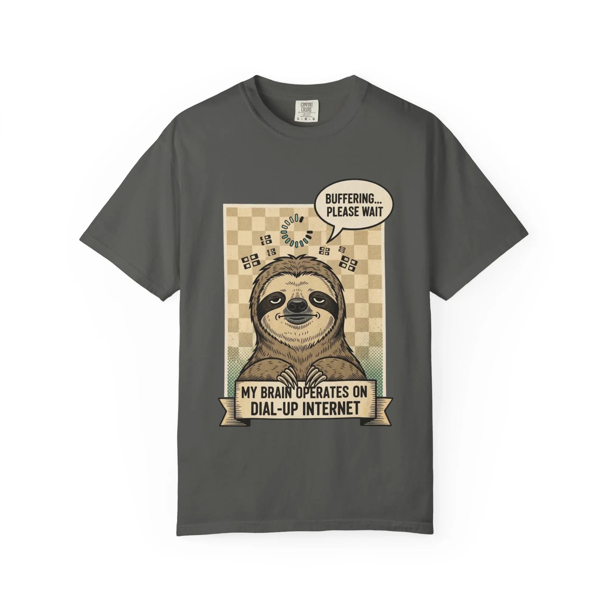 Funny Sloth Shirt - Retro 90s Dial-Up Internet Tee - "My Brain Operates on Dial-Up" Buffering Graphic T-Shirt - Sarcastic Sloth Lover Gift - Vintage Style Comfort Colors Apparel Pepper