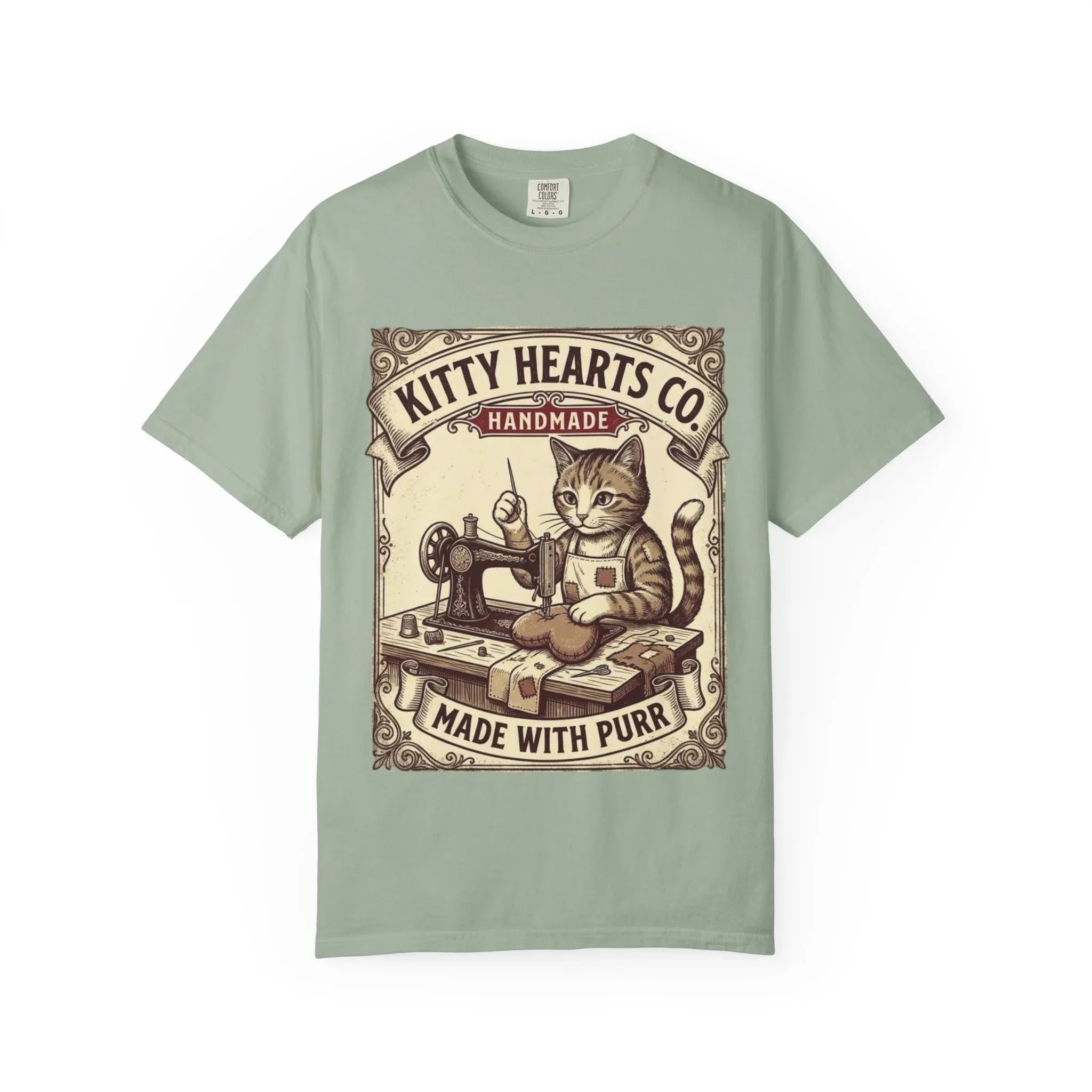 Kitty Hearts Co T-Shirt | Vintage Sewing Cat Made With Purr Graphic Tee | Retro Craft Lover Gift Bay