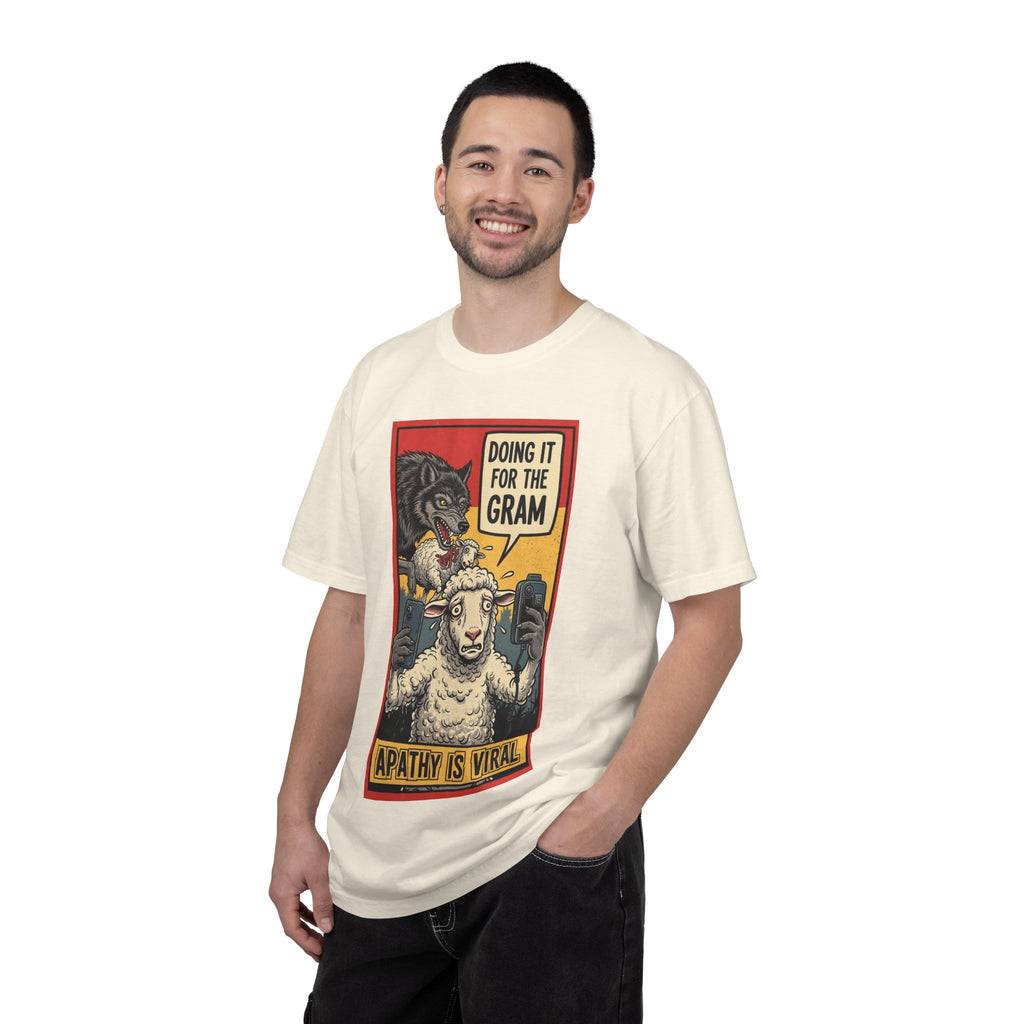 Doing It For The Gram Shirt Apathy Is Viral Satire Tee Social Media Critic Gift Wolf and Sheep Graphic Retro Aesthetic Edgy Apparel