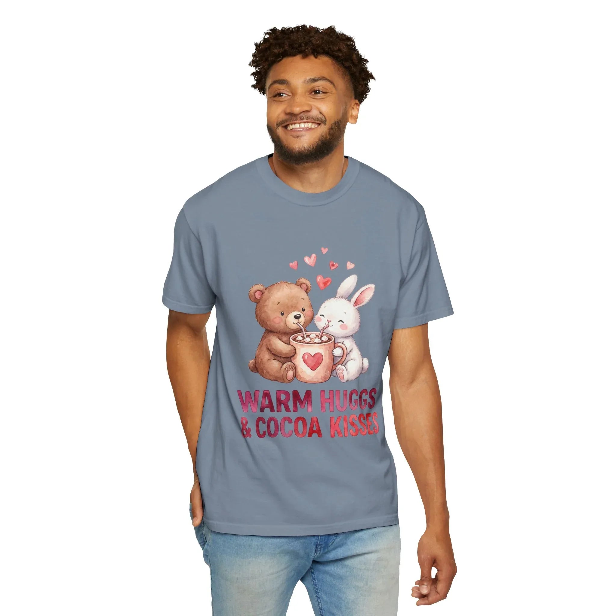Warm Hugs and Cocoa Kisses T-Shirt | Bear Bunny Hot Cocoa Design | Cozy Winter Valentine Gift | Soft Vintage Aesthetic Tee
