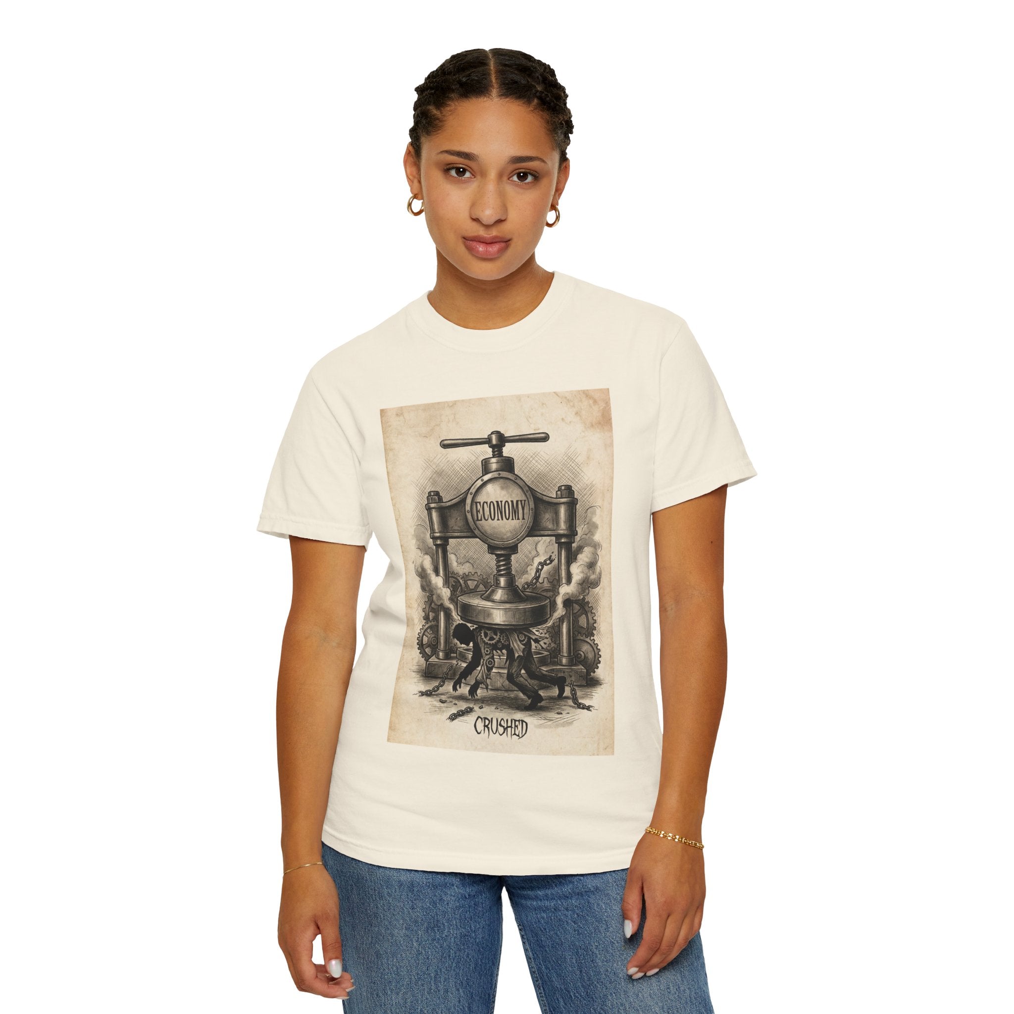 Vintage Economy Press T-Shirt | Retro Industrial Satire Tee | Dark Academia Social Comment Art Shirt | Gift for Philosophy & Economics Lovers"