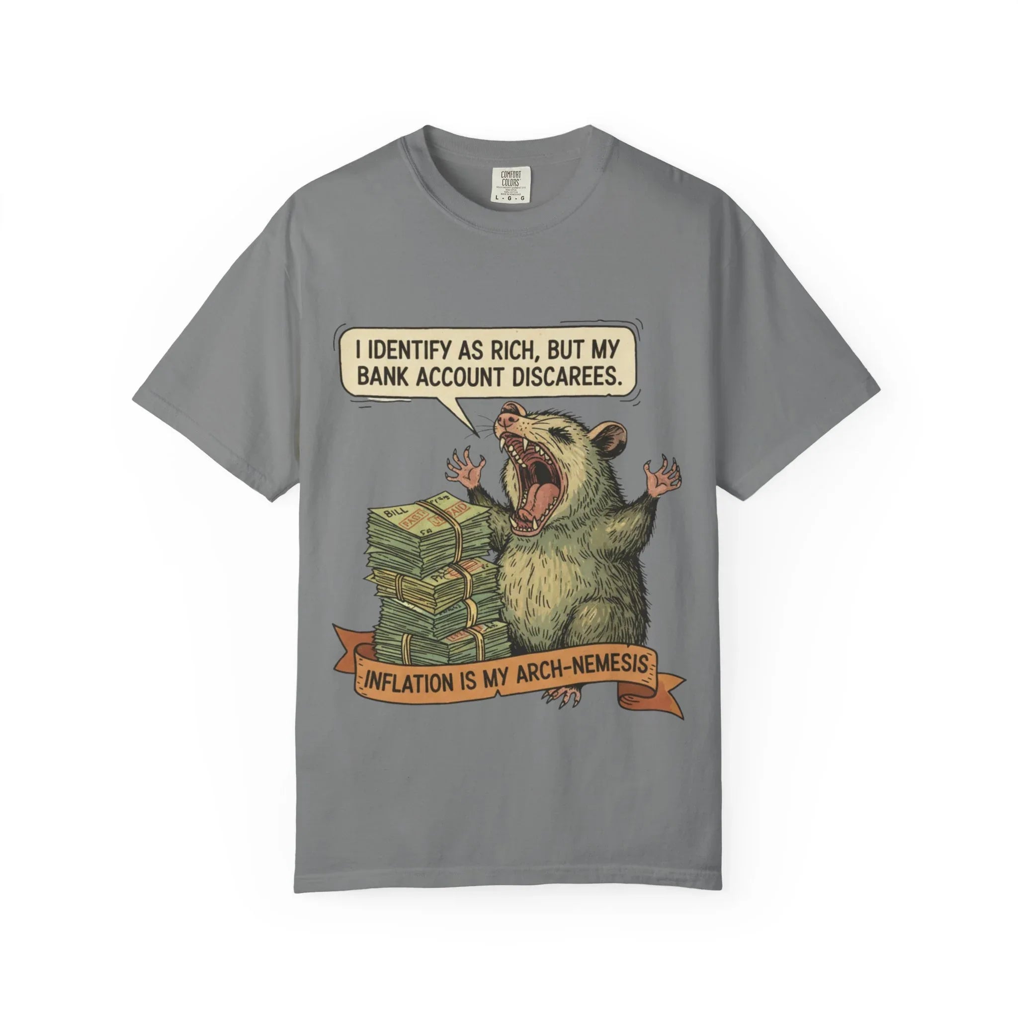Funny Opossum Shirt I Identify As Rich Sarcastic Animal Meme Tee Screaming Opossum Gift for Friend Inflation Struggle Humor Top Grey