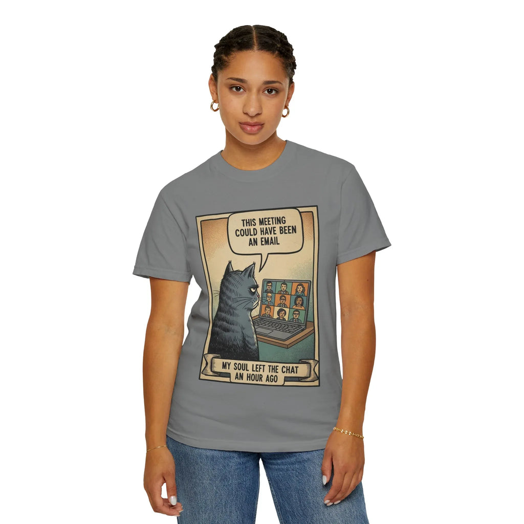 Funny Cat Work Shirt - "My Soul Left The Chat" Sarcastic Tee - Office Humor Gift for Coworker - Video Call Fatigue Meme Top - Work From Home (WFH) Uniform