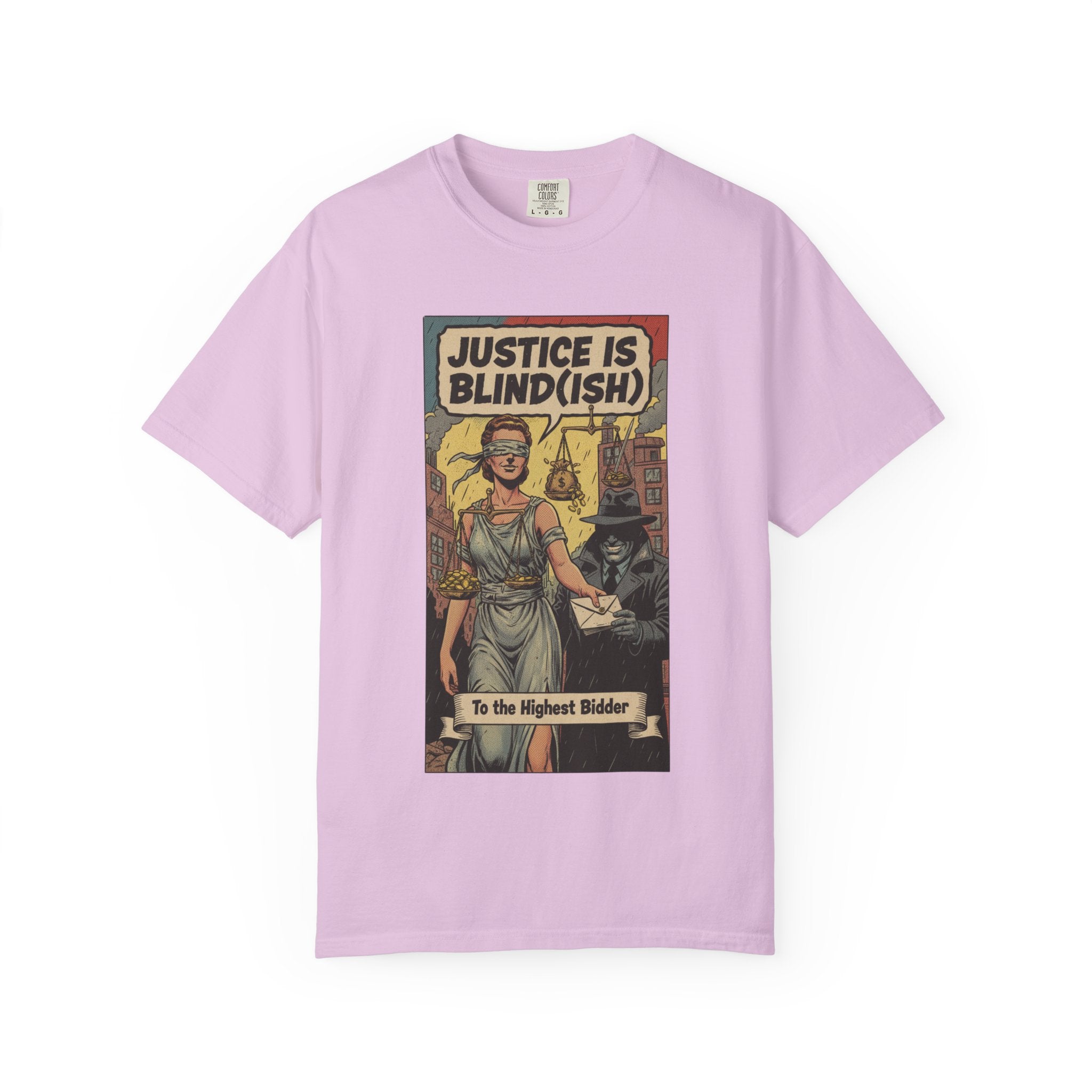 Justice Is Blind(ish) Shirt - Vintage Satire T-Shirt - Retro Comic Graphic Tee - Sarcastic Lady Justice Gift - Garment-Dyed Streetwear Orchid