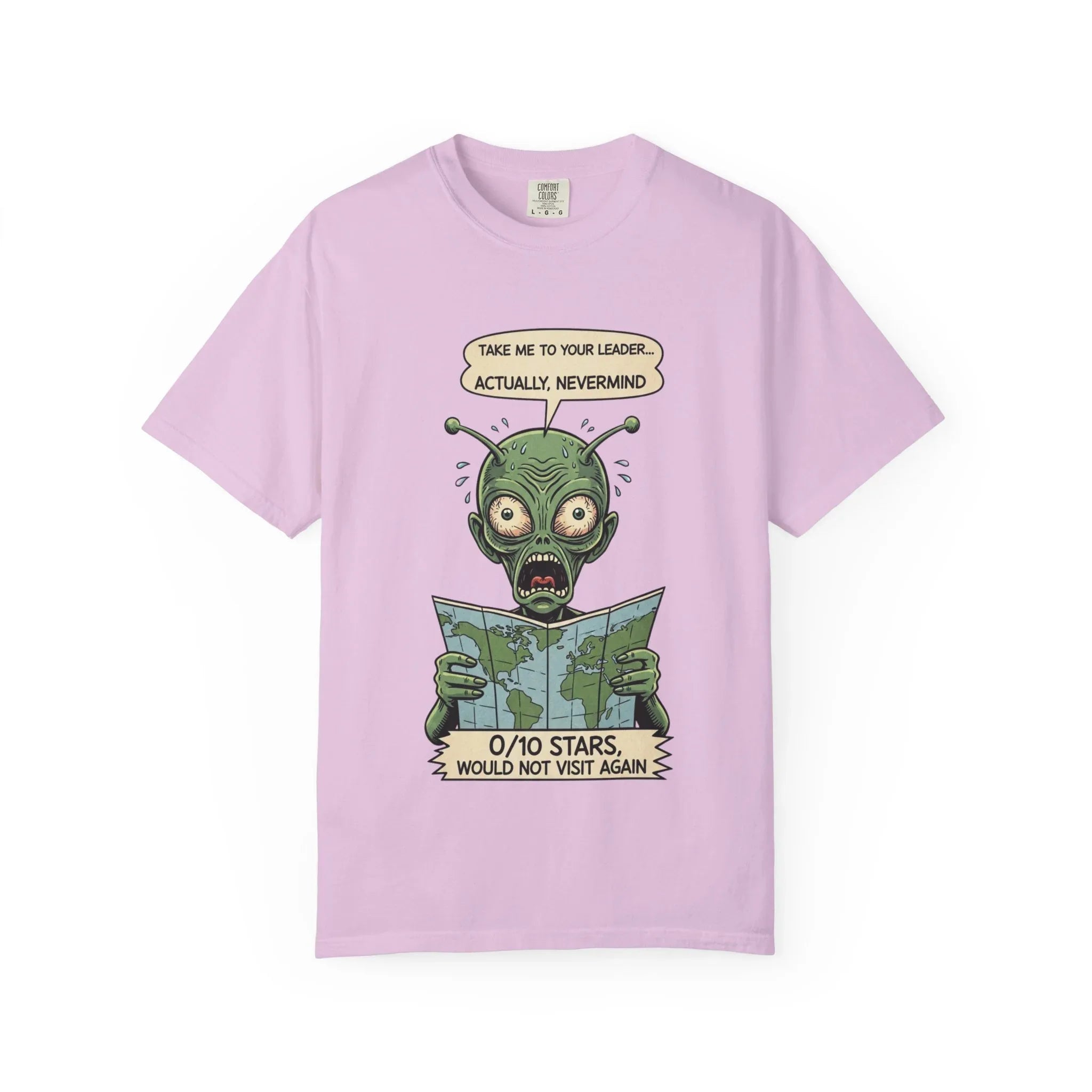 Funny Alien Shirt - Sarcastic Earth Review Tee - Vintage Sci-Fi Lover Gift - 0 Out Of 10 Stars Meme Tshirt - Retro UFO Graphic Top for Introverts Orchid