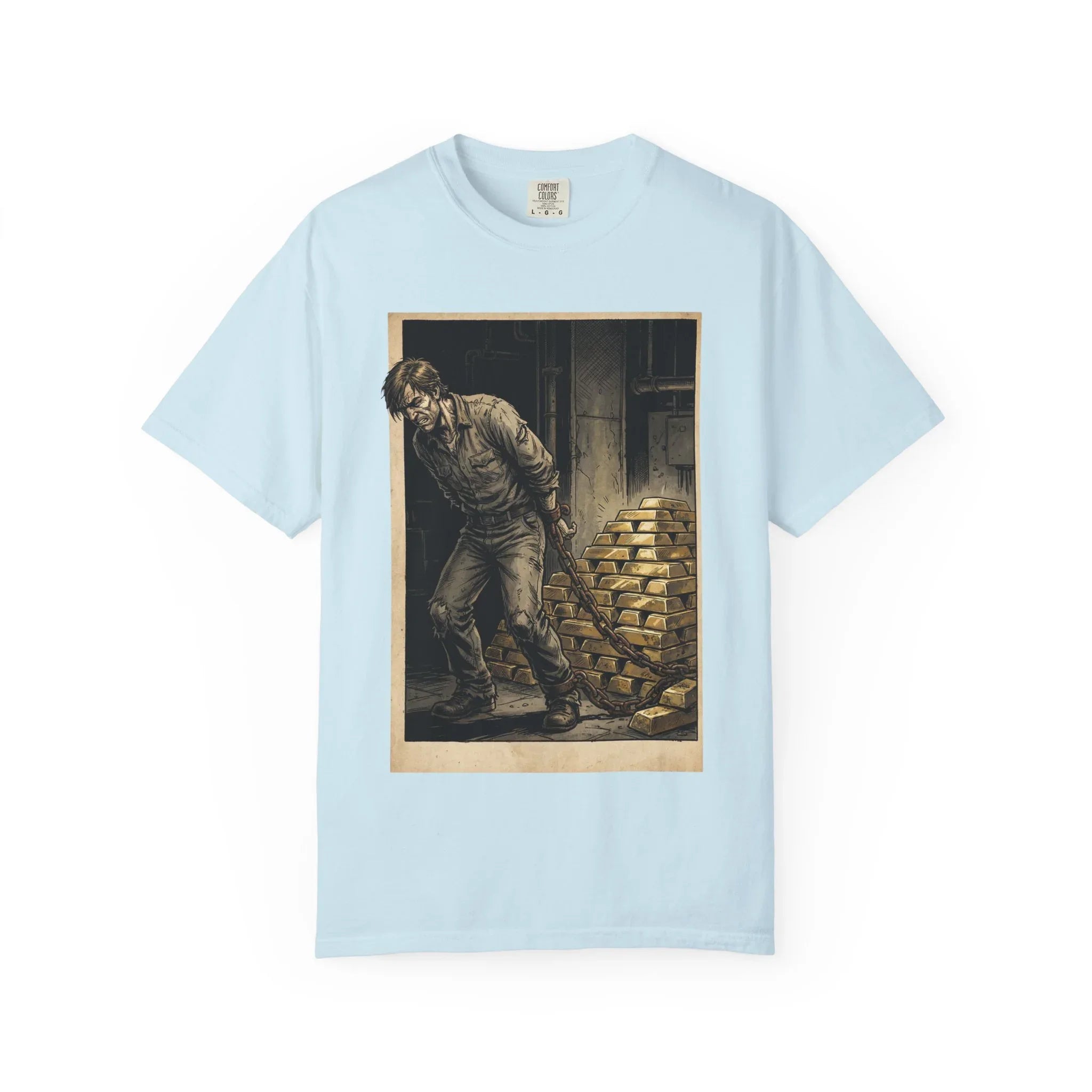 Heavy Gold Chains Satirical Shirt - Gritty Comic Art Tee - "Golden Burden" Wealth Trap Graphic - Vintage Prisoner of Greed Gift - Dark Humor Satire Streetwear Chambray