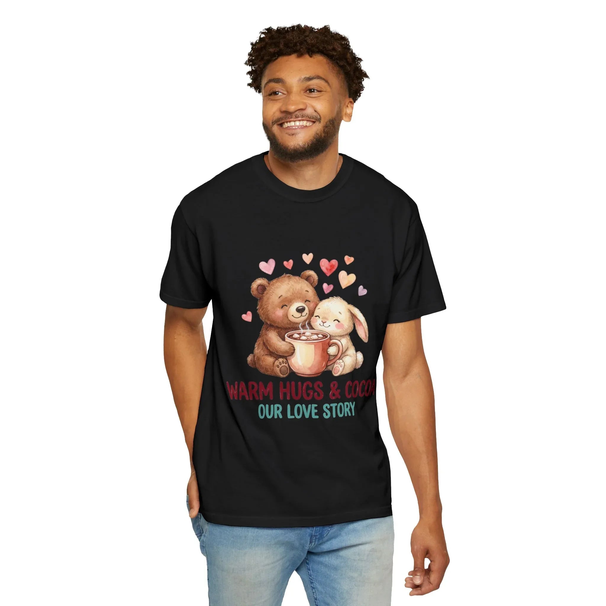 Warm Hugs and Cocoa Our Love Story T-Shirt | Bear Bunny Illustration | Cozy Winter Valentine Gift | Soft Vintage Storybook Tee Black
