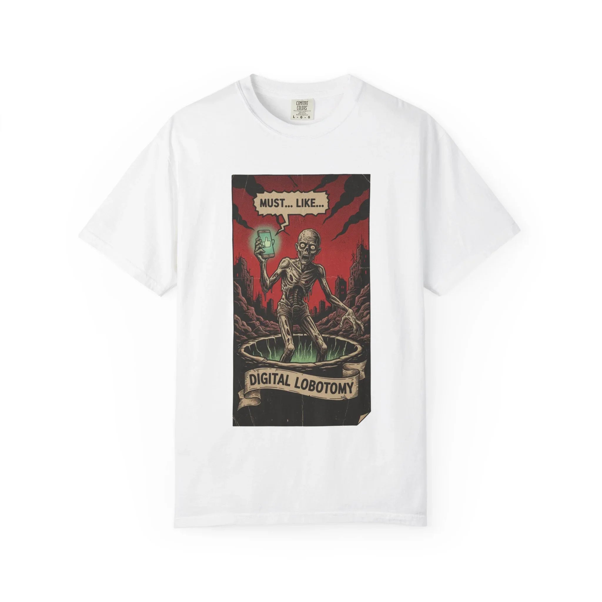 Digital Lobotomy Shirt - Vintage Horror Zombie T-Shirt - Social Media Satire Tee - Retro Comic Style Graphic Shirt - Smartphone Addict Dark Humor Gift - Tech Skeptic Streetwear