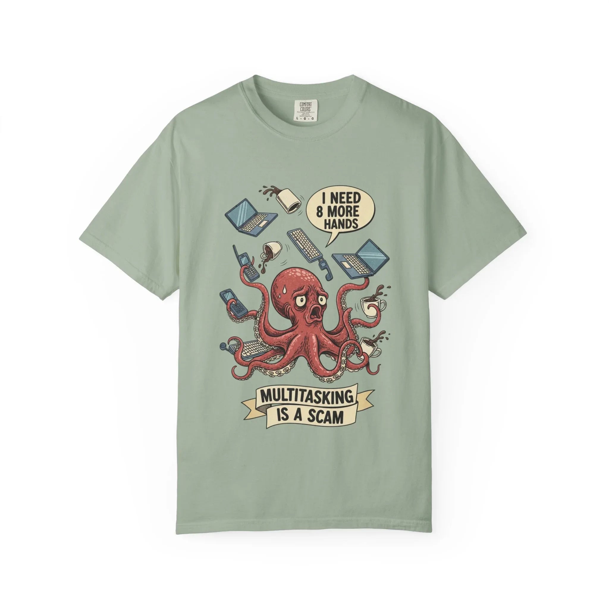 Funny Octopus Shirt - "Multitasking Is A Scam" T-Shirt - Vintage Work Humor Tee - Office Gift for Coworker - Burnout Graphic Tee - Retro Cartoon Top Bay