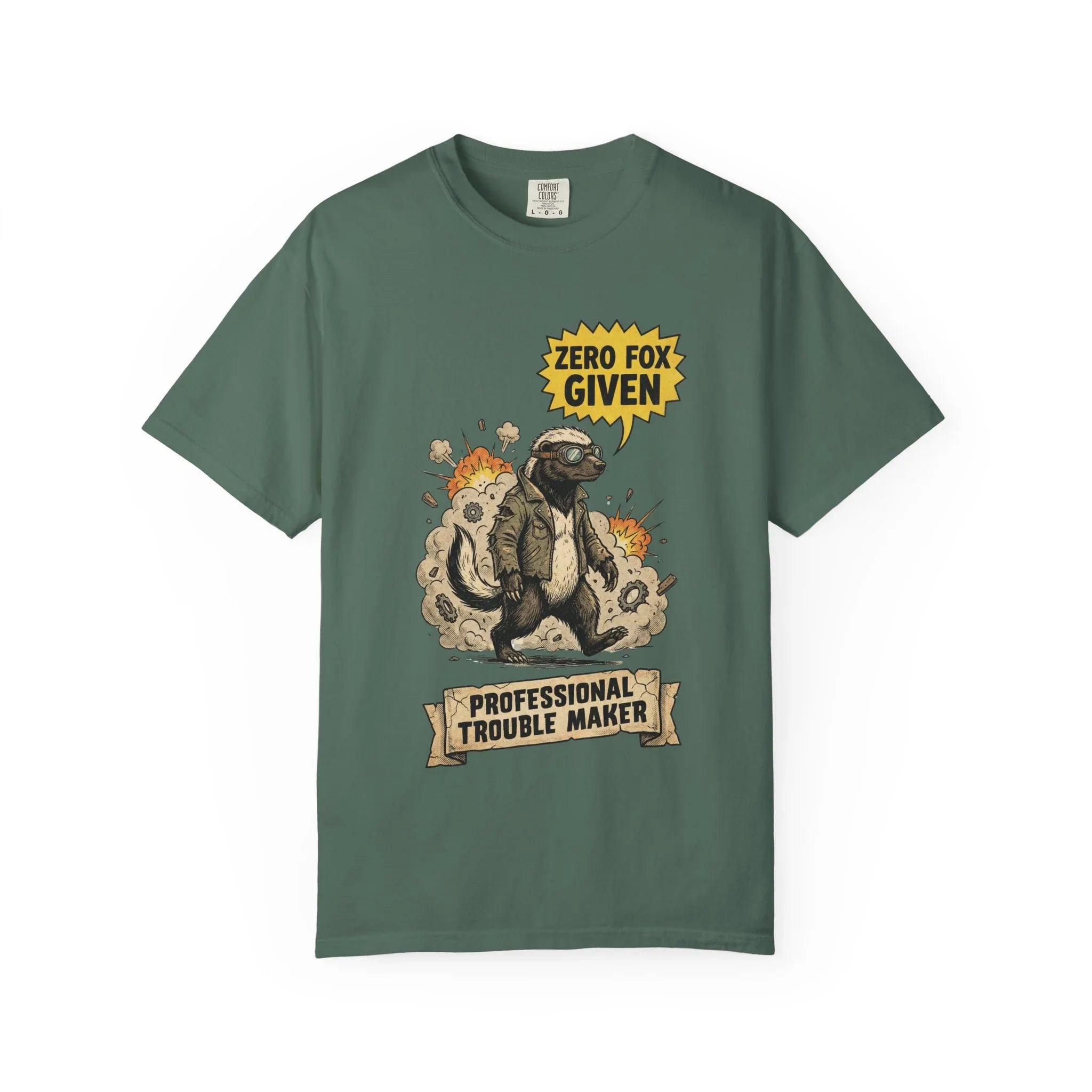 Honey Badger Shirt - "Zero Fox Given" T-Shirt - Professional Trouble Maker - Funny Animal Tee - Vintage Biker Gift - Sarcastic Graphic Top for Rebels Blue Spruce