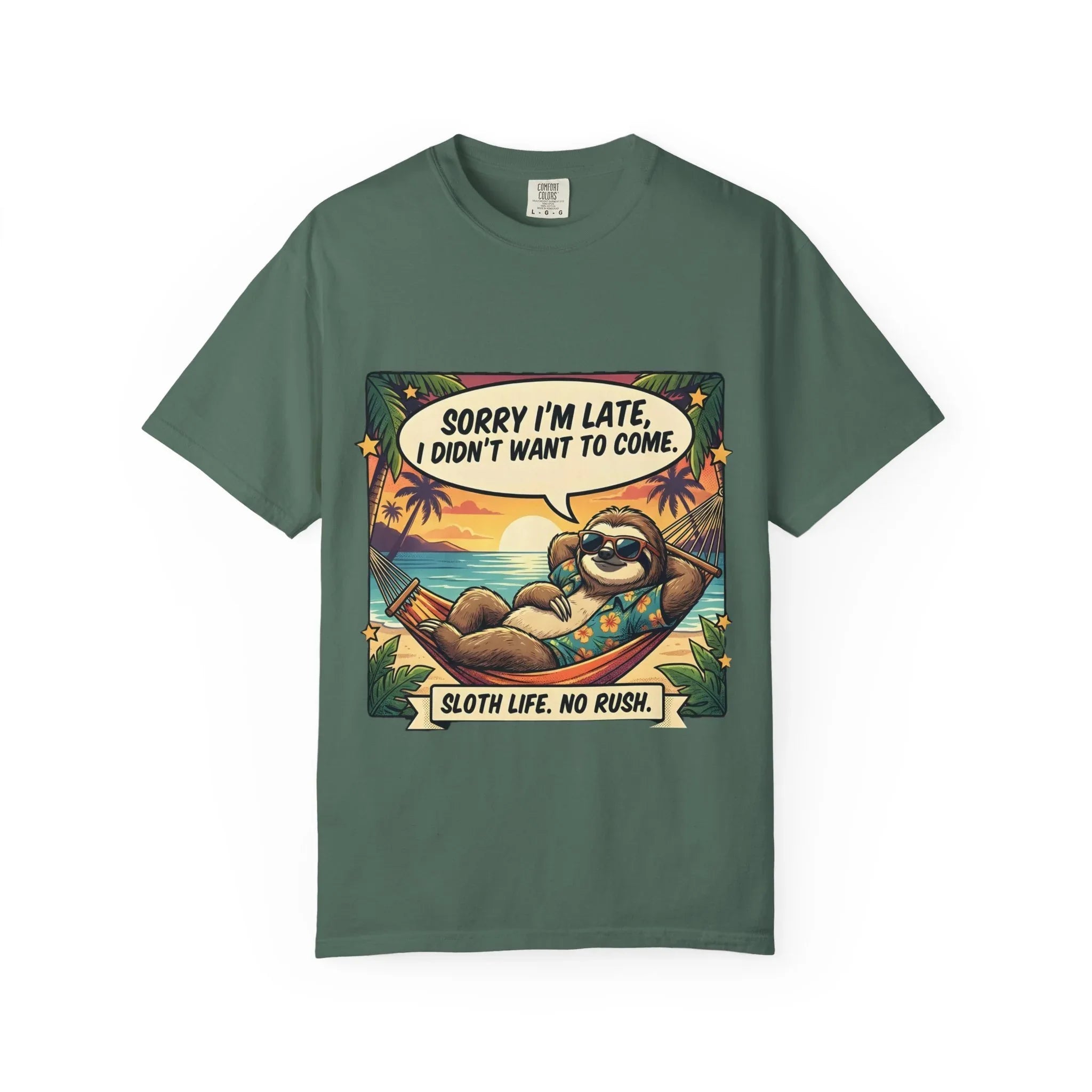 Sorry Im Late Sloth Hammock T-Shirt | Sloth Life No Rush Tee | Beach Chill Humor Gift | Vintage Tropical Lazy Shirt Blue Spruce