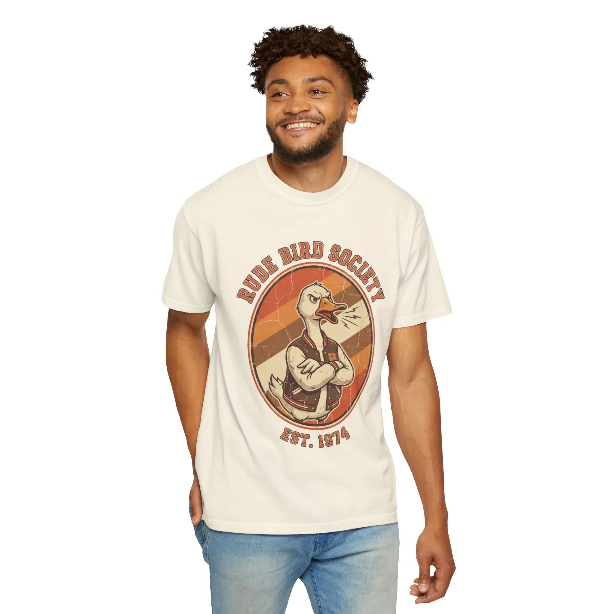 Dude Bird Society Goose T-Shirt | Retro Vintage Badge Est 1974 | Sunset Stripes Graphic | Garment-Dyed Heavyweight Unisex Ivory
