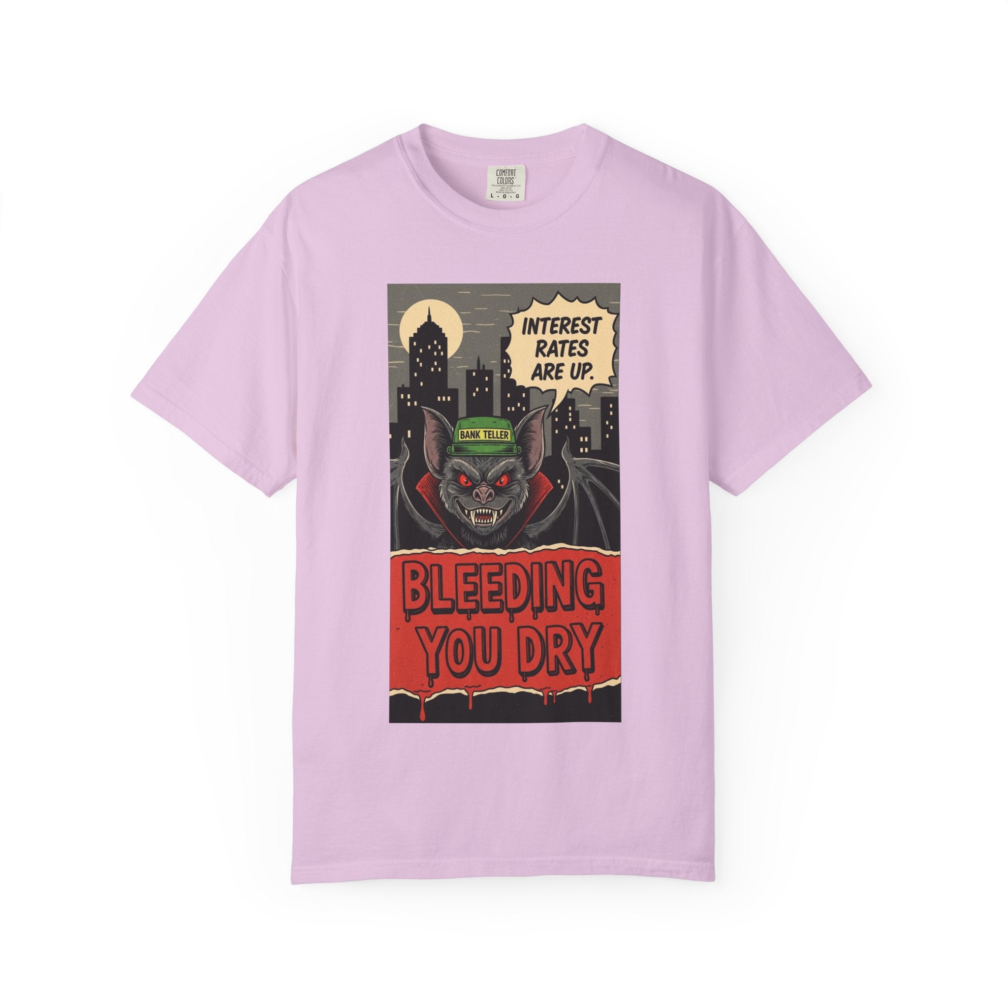 Interest Rates Are Up Shirt Bleeding You Dry Vampire Bank Teller Tee Retro Horror Comic Finance Humor Sarcastic Banking System Graphic Orchid