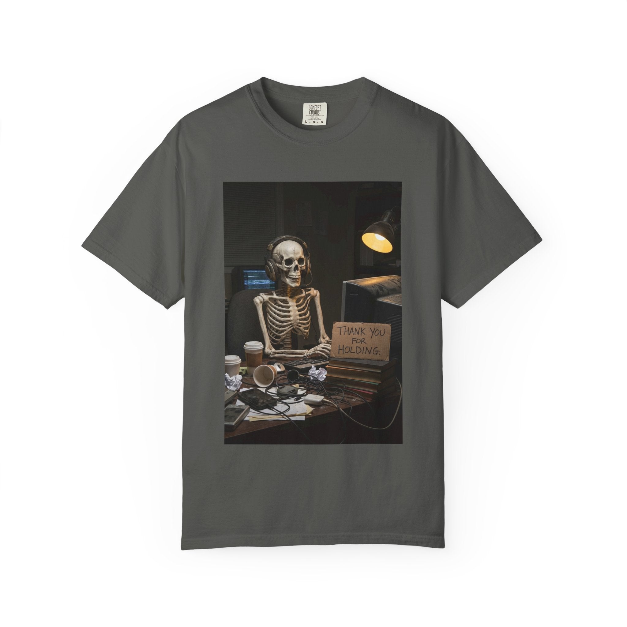 Thank You For Holding Shirt - Skeleton Customer Service Tee - Funny Call Center Humor - Sarcastic Work From Home Gift - Vintage Dark Humor Pepper