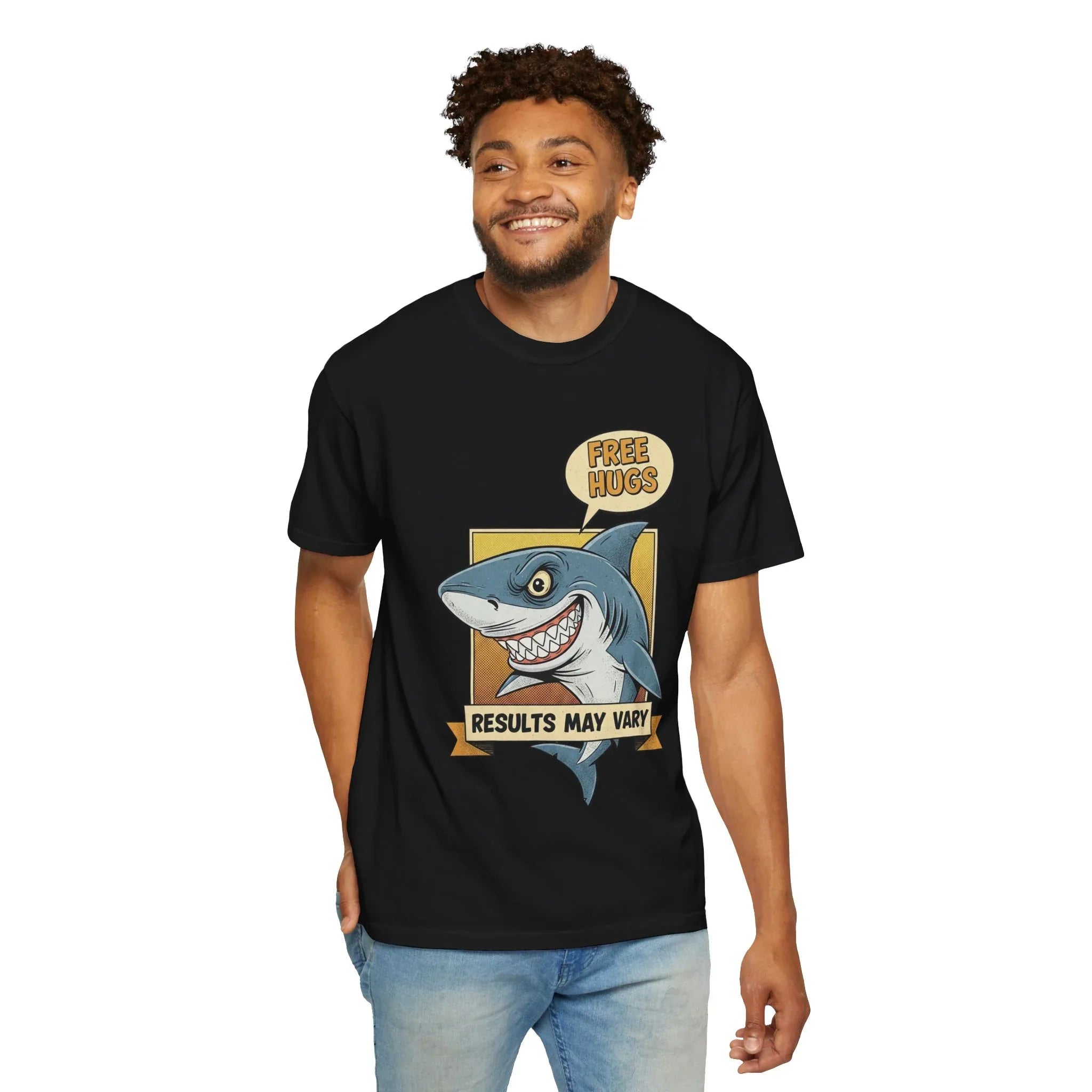 Funny Shark Shirt - "Free Hugs" Sarcastic Vintage Graphic Tee - Results May Vary Dark Humor Gift - Retro Great White Shark Top - Men's & Women's Dad Joke Clothing Black