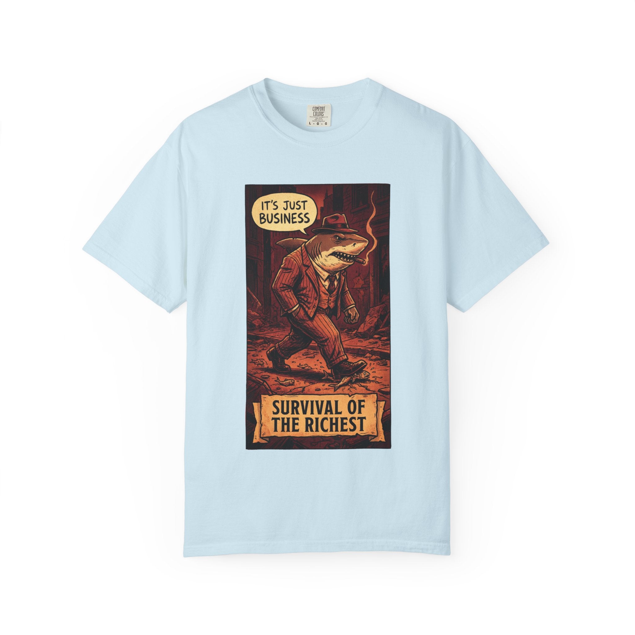 Survival of the Richest Vintage Comic Shirt | Retro Business Shark Satire Tee | Dark Humor Corporate Streetwear Chambray