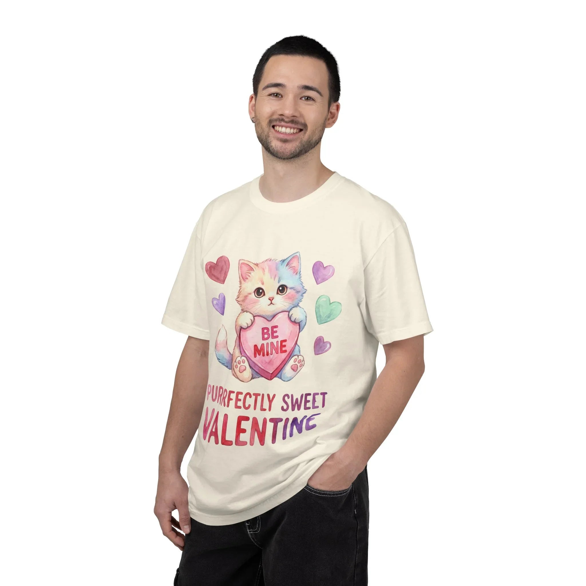 Purrfectly Sweet Valentine Cat T-Shirt | Be Mine Heart Design | Cute Pastel Kitten Tee | Cozy Romantic Gift for Cat Lovers