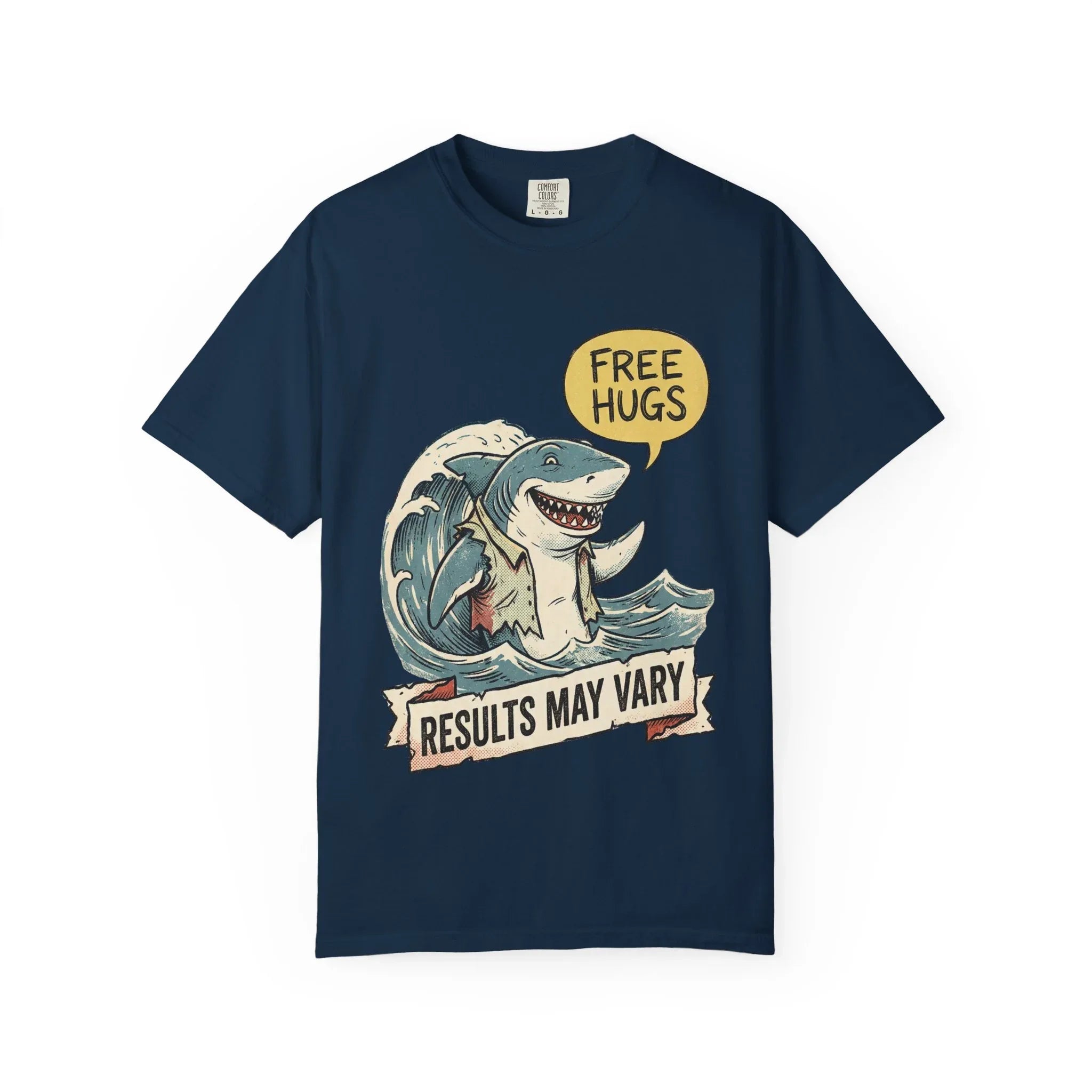 Vintage Shark Shirt - Funny "Free Hugs" T-Shirt - Dark Humor Gift - Retro Graphic Tee - Sarcastic Ocean Lover Top - Grunge Style Animal Apparel True Navy