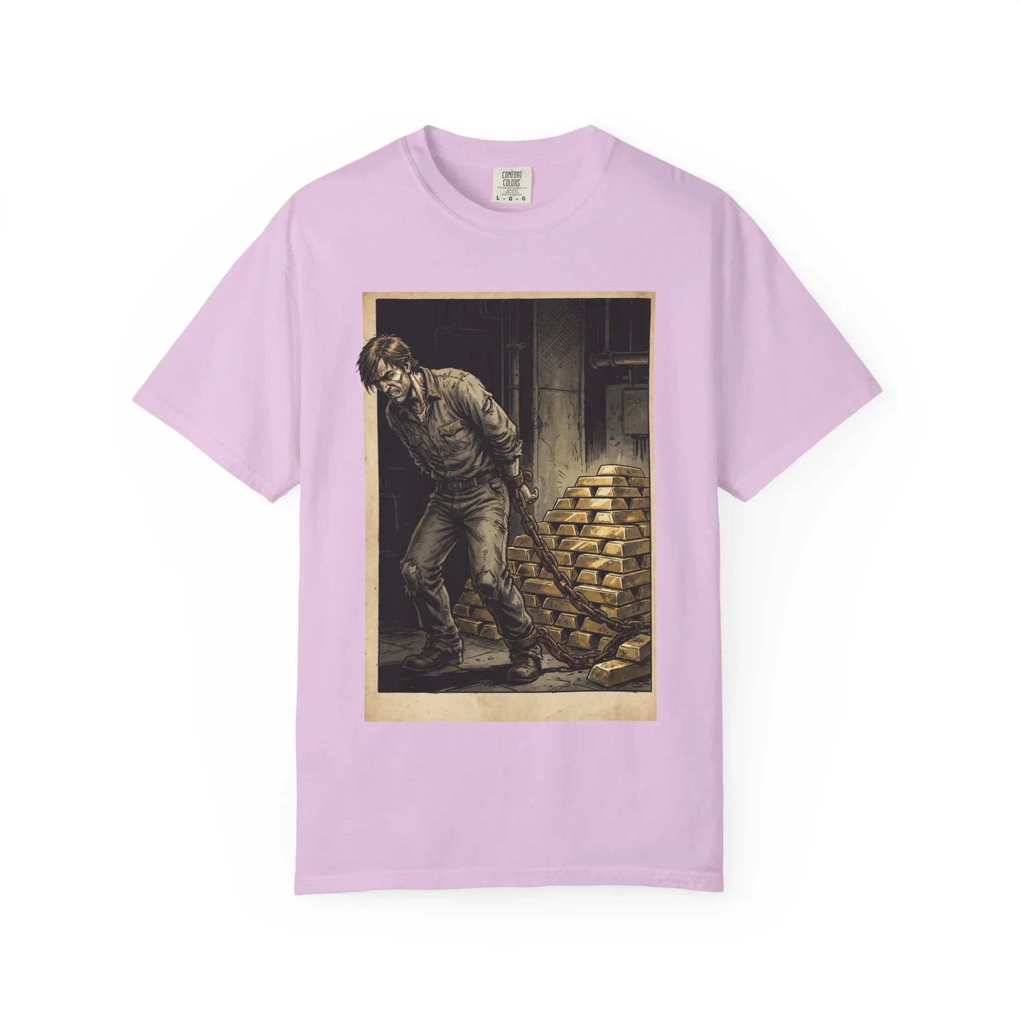 Heavy Gold Chains Satirical Shirt - Gritty Comic Art Tee - "Golden Burden" Wealth Trap Graphic - Vintage Prisoner of Greed Gift - Dark Humor Satire Streetwear Orchid