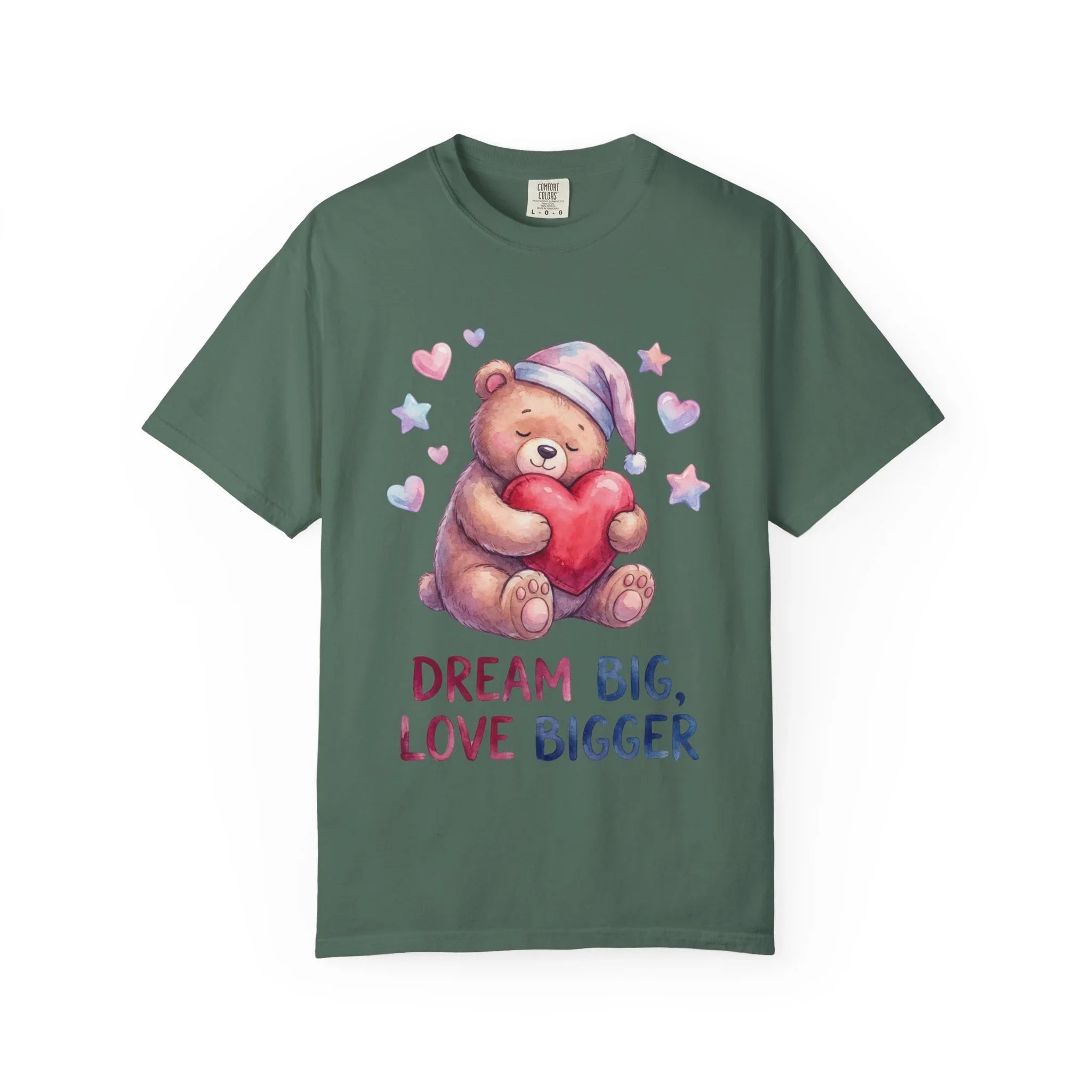 Teddy Bear Holding Heart Dream Big Love Bigger T Shirt Watercolor Cozy Vintage Aesthetic Gift Lovers Soft Cotton Motivational Tee Blue Spruce