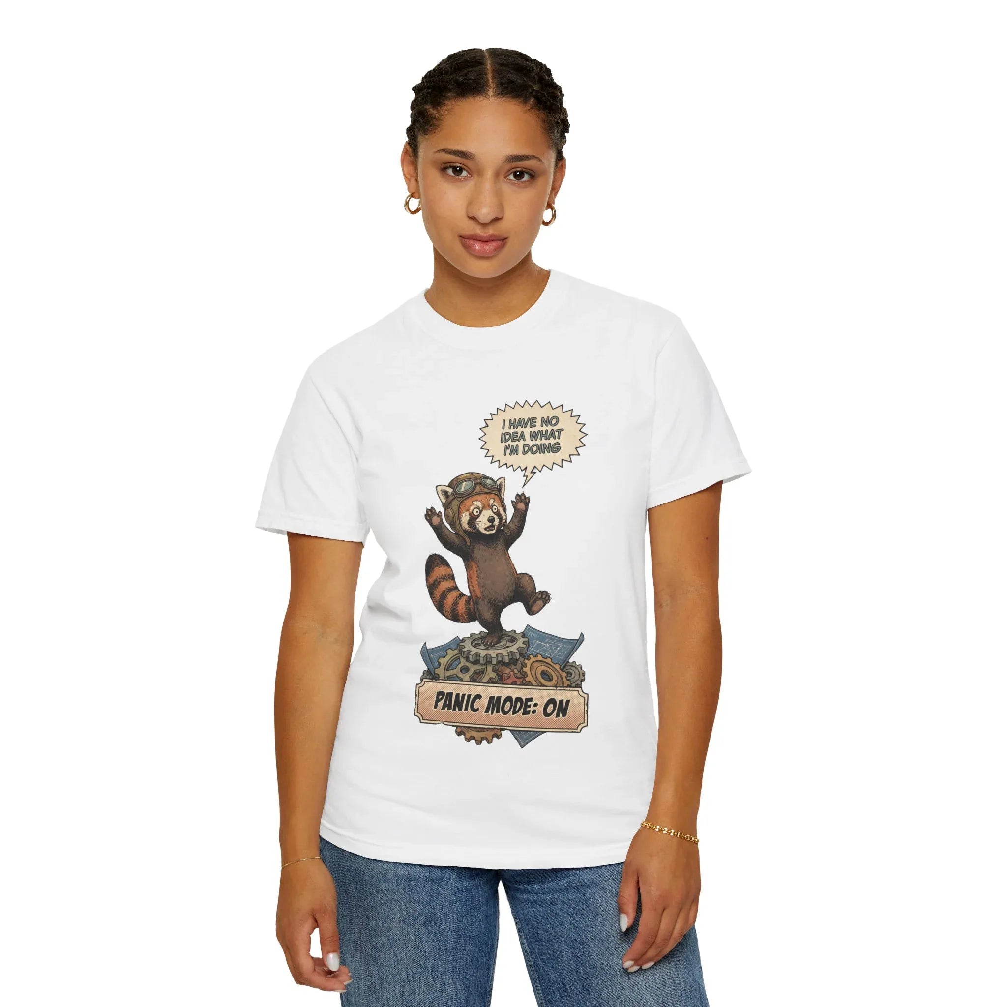 Vintage Red Panda T-Shirt - Funny Engineer Gift - Panicked Pilot Shirt - Imposter Syndrome Meme Tee - Retro Mechanic Animal Graphic - "Panic Mode On" Top