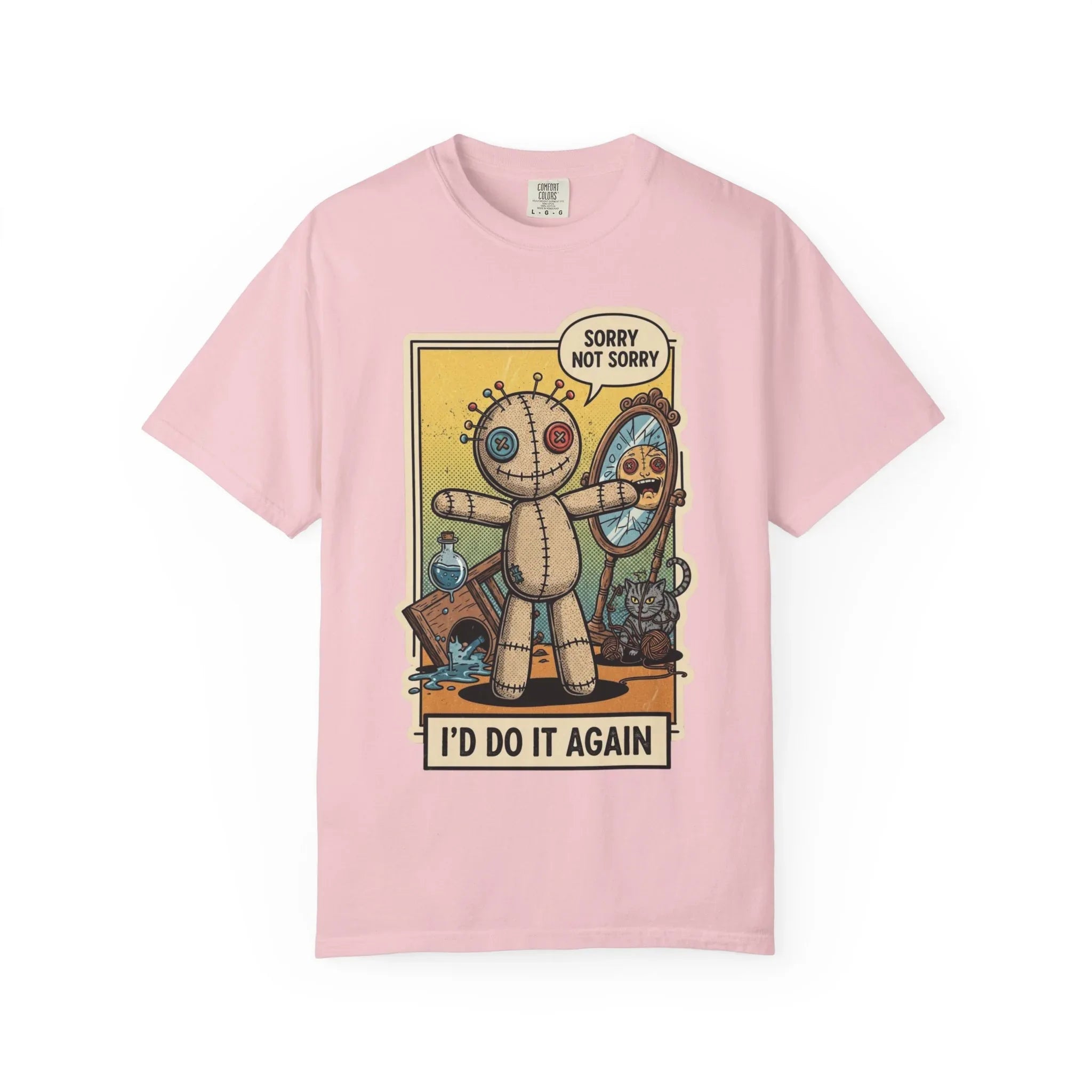 Sorry Not Sorry Voodoo Doll Shirt - Sarcastic "I'd Do It Again" Graphic Tee - Retro Comic Dark Humor T-Shirt - Vintage Black Cat Aesthetic Streetwear - Unapologetic Mood Gift Blossom