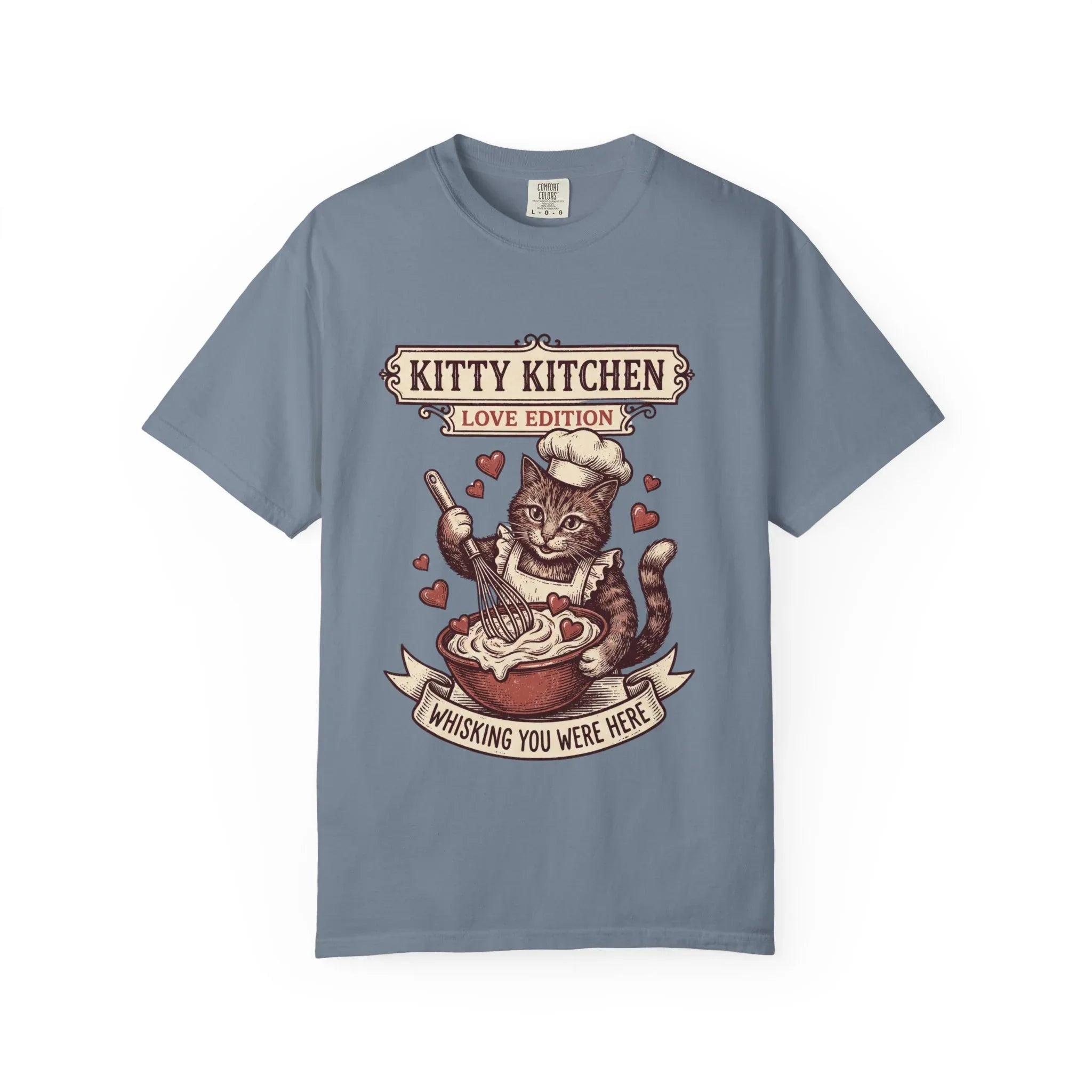 Kitty Kitchen Love T-Shirt | Vintage Cat Chef Whisking You Were Here Graphic Tee Blue Jean