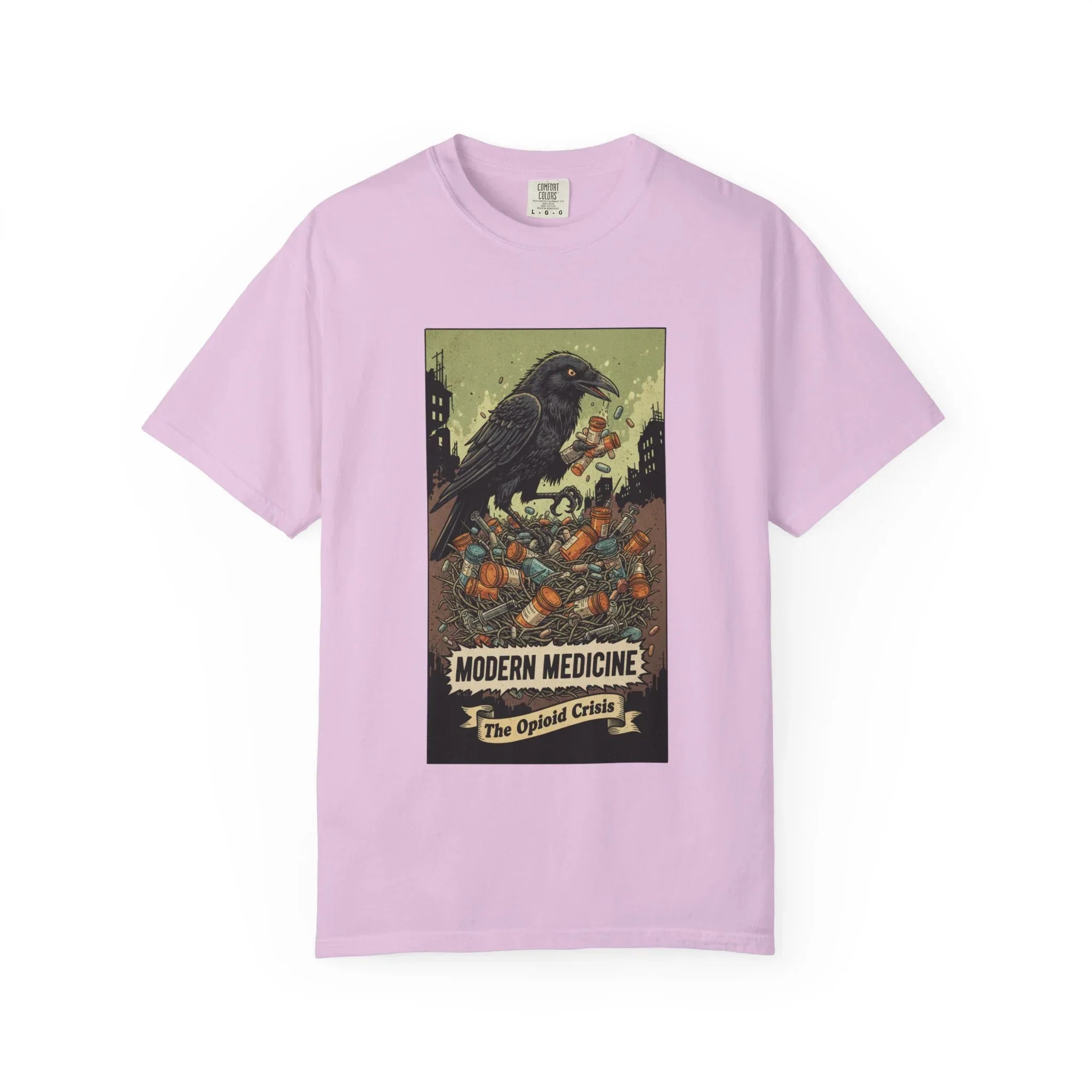 Modern Medicine Raven Shirt - Opioid Crisis Satire Tee - Dark Gothic Graphic T-Shirt - Vintage Social Commentary Art - Raven Nest Medicine Bottle Dark Humor Streetwear Orchid