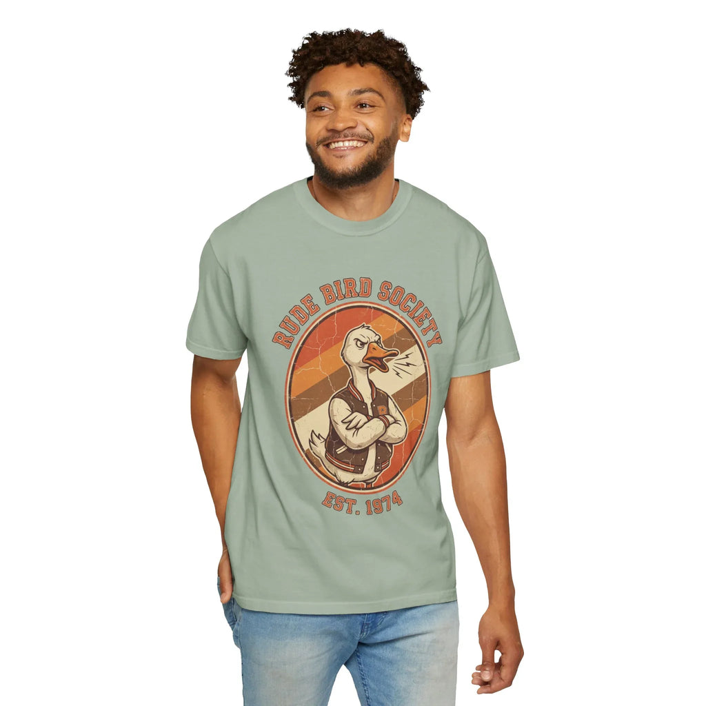 Dude Bird Society Goose T-Shirt | Retro Vintage Badge Est 1974 | Sunset Stripes Graphic | Garment-Dyed Heavyweight Unisex