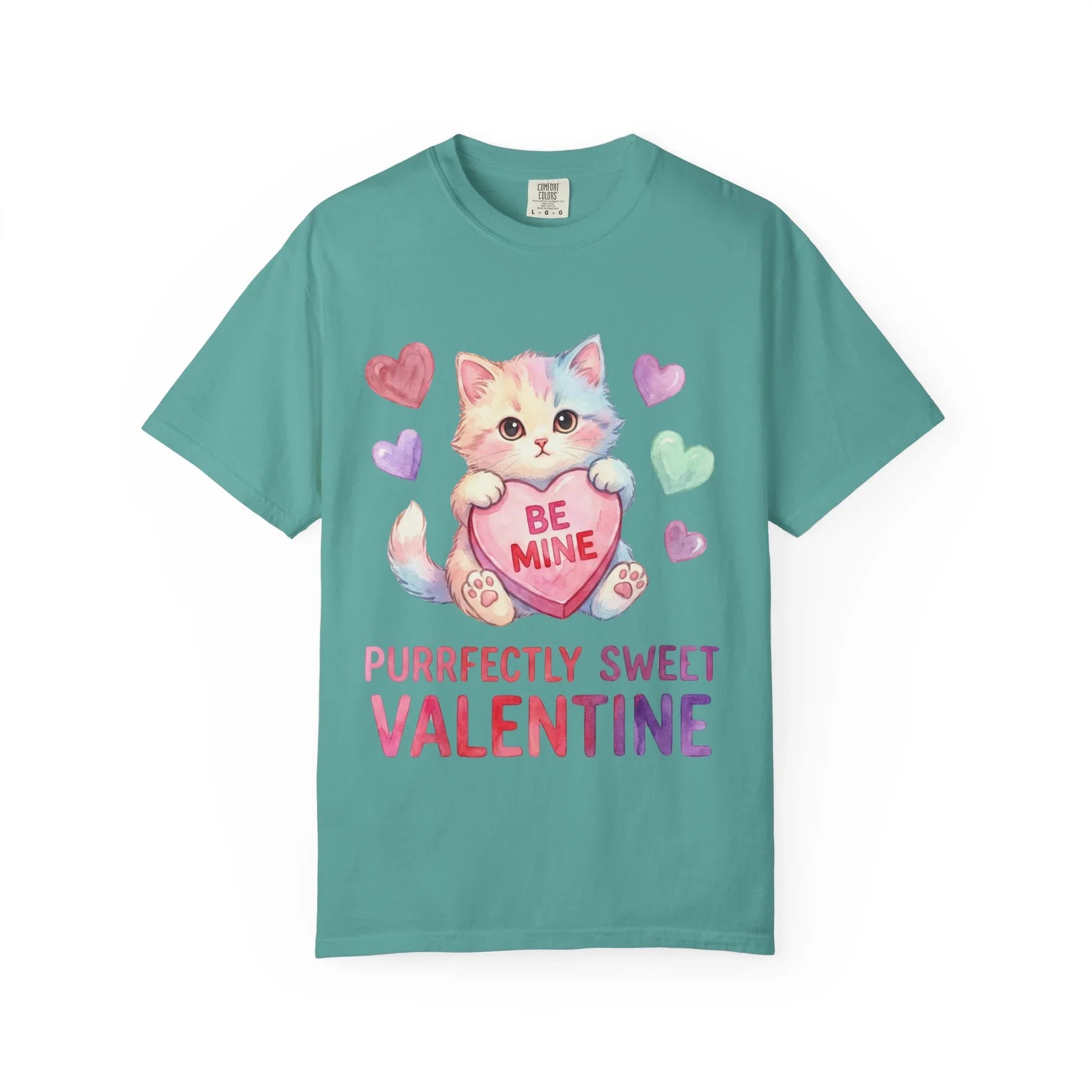 Purrfectly Sweet Valentine Cat T-Shirt | Be Mine Heart Design | Cute Pastel Kitten Tee | Cozy Romantic Gift for Cat Lovers Seafoam