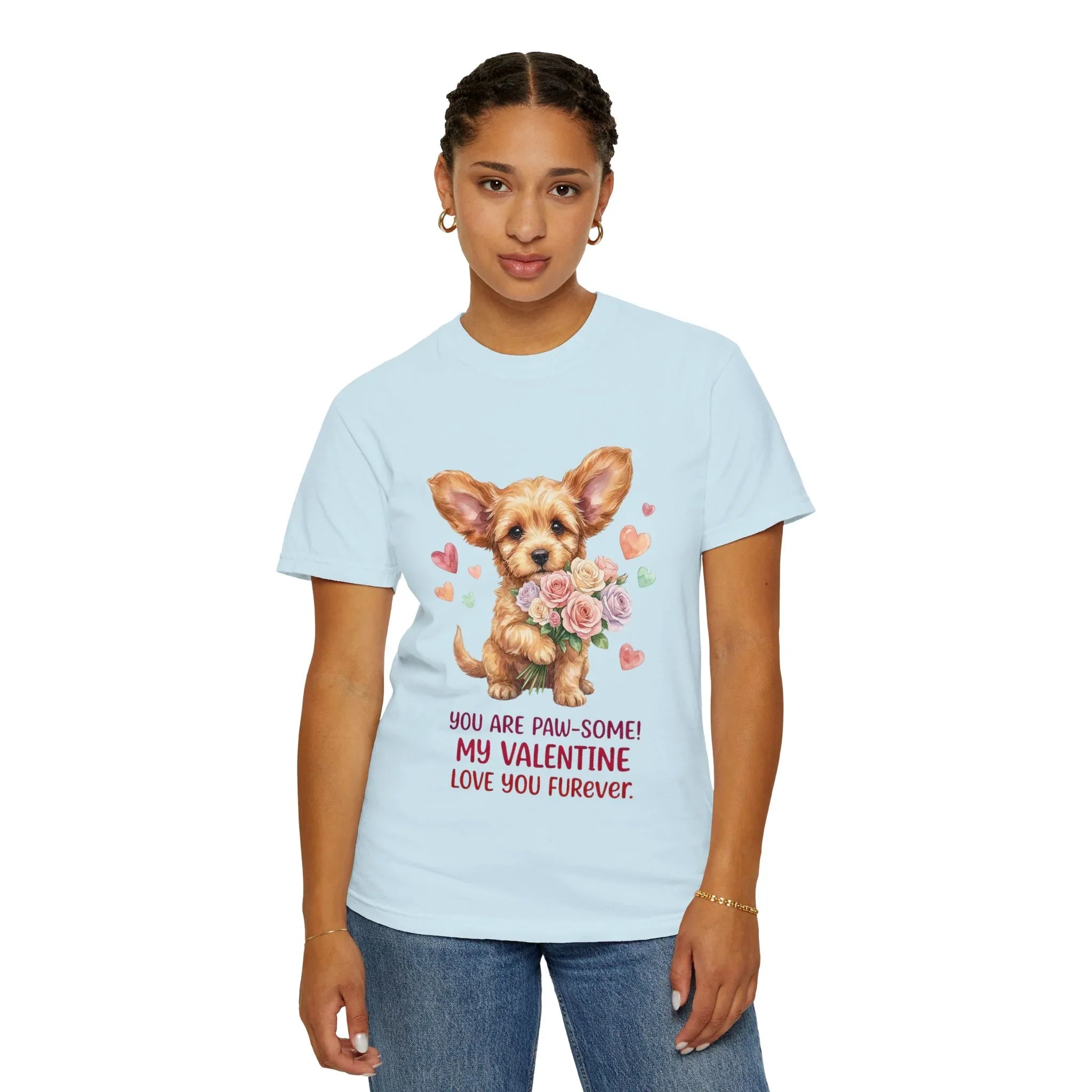 Cute Puppy Holding Roses Valentine T Shirt Paw-some Love You Furever Watercolor Cozy Vintage Aesthetic Gift Dog Lovers Soft Cotton Romantic