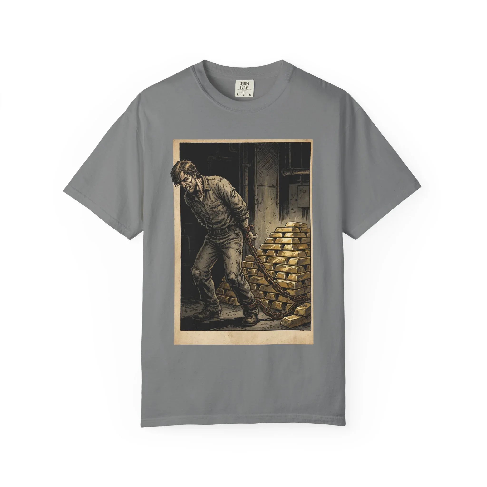 Heavy Gold Chains Satirical Shirt - Gritty Comic Art Tee - "Golden Burden" Wealth Trap Graphic - Vintage Prisoner of Greed Gift - Dark Humor Satire Streetwear Grey