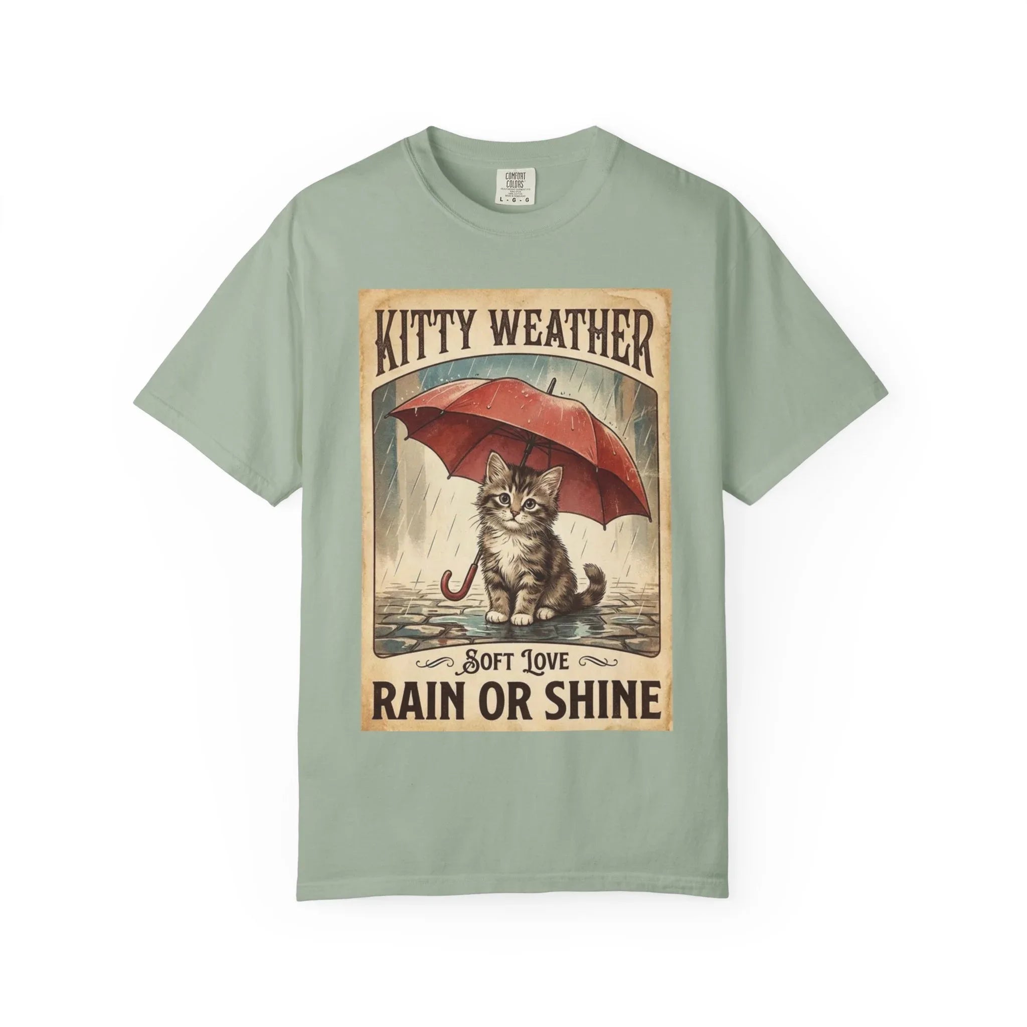 Kitty Weather Rain or Shine Shirt, Umbrella Cat Vintage Poster T-Shirt, Cozy Rainy Day Kitten Tee, Retro Cat Lover Gift Bay