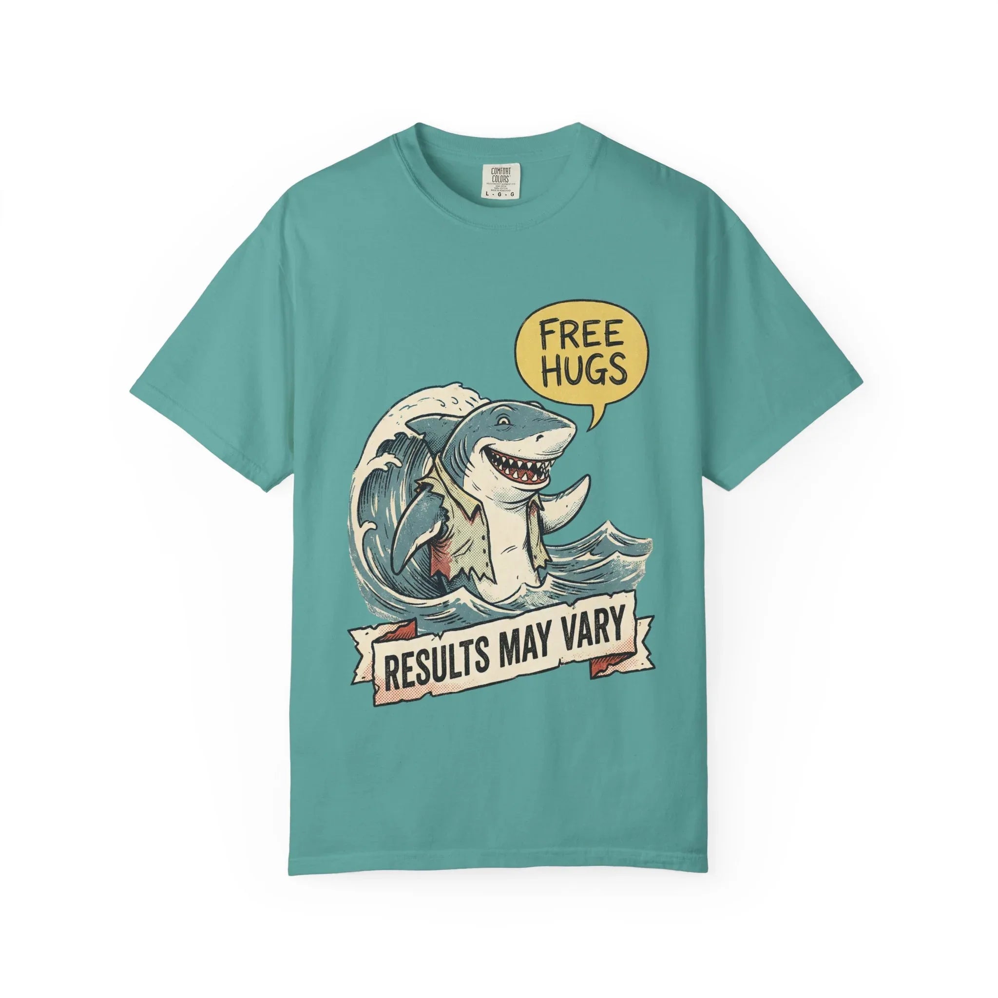 Vintage Shark Shirt - Funny "Free Hugs" T-Shirt - Dark Humor Gift - Retro Graphic Tee - Sarcastic Ocean Lover Top - Grunge Style Animal Apparel Seafoam