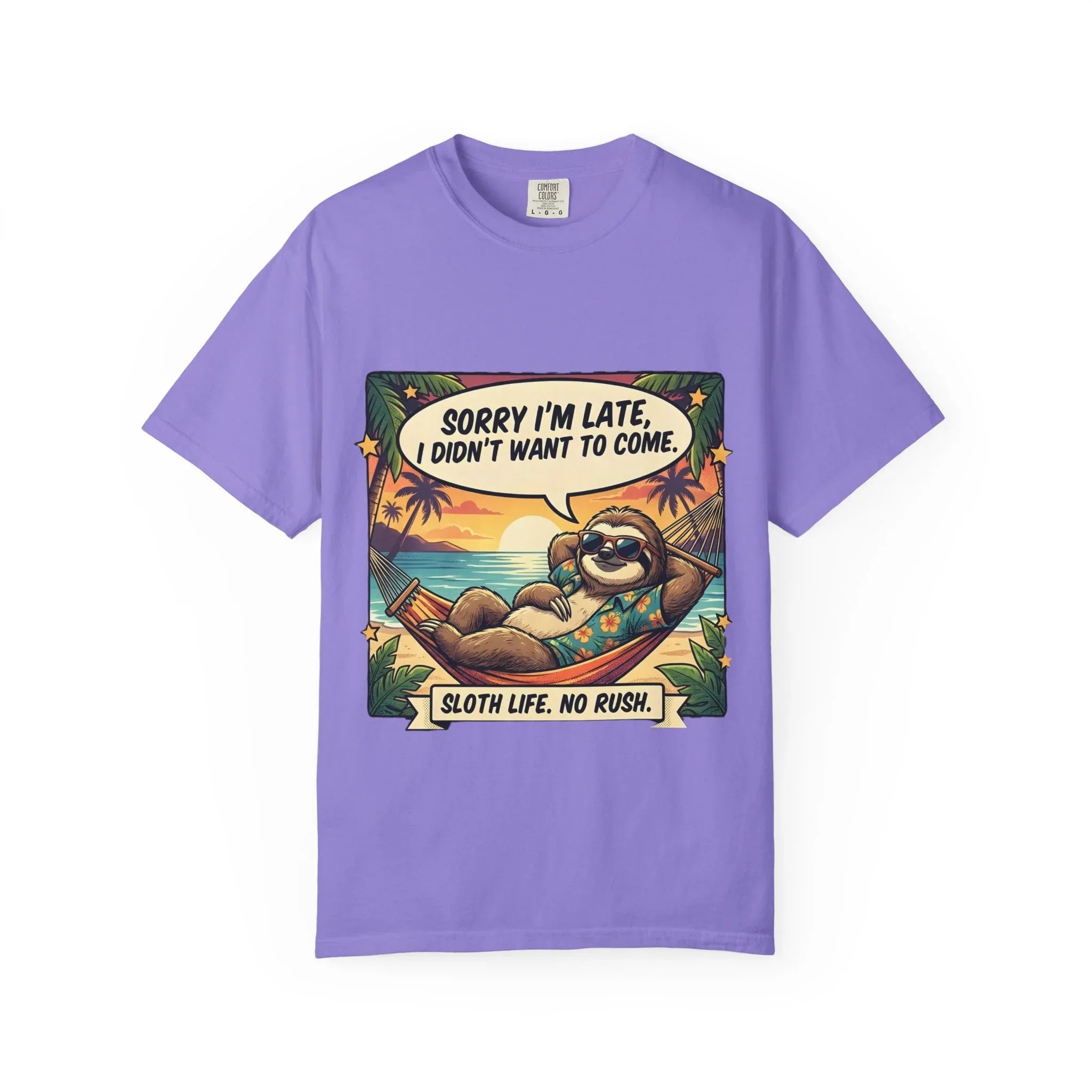 Sorry Im Late Sloth Hammock T-Shirt | Sloth Life No Rush Tee | Beach Chill Humor Gift | Vintage Tropical Lazy Shirt Violet