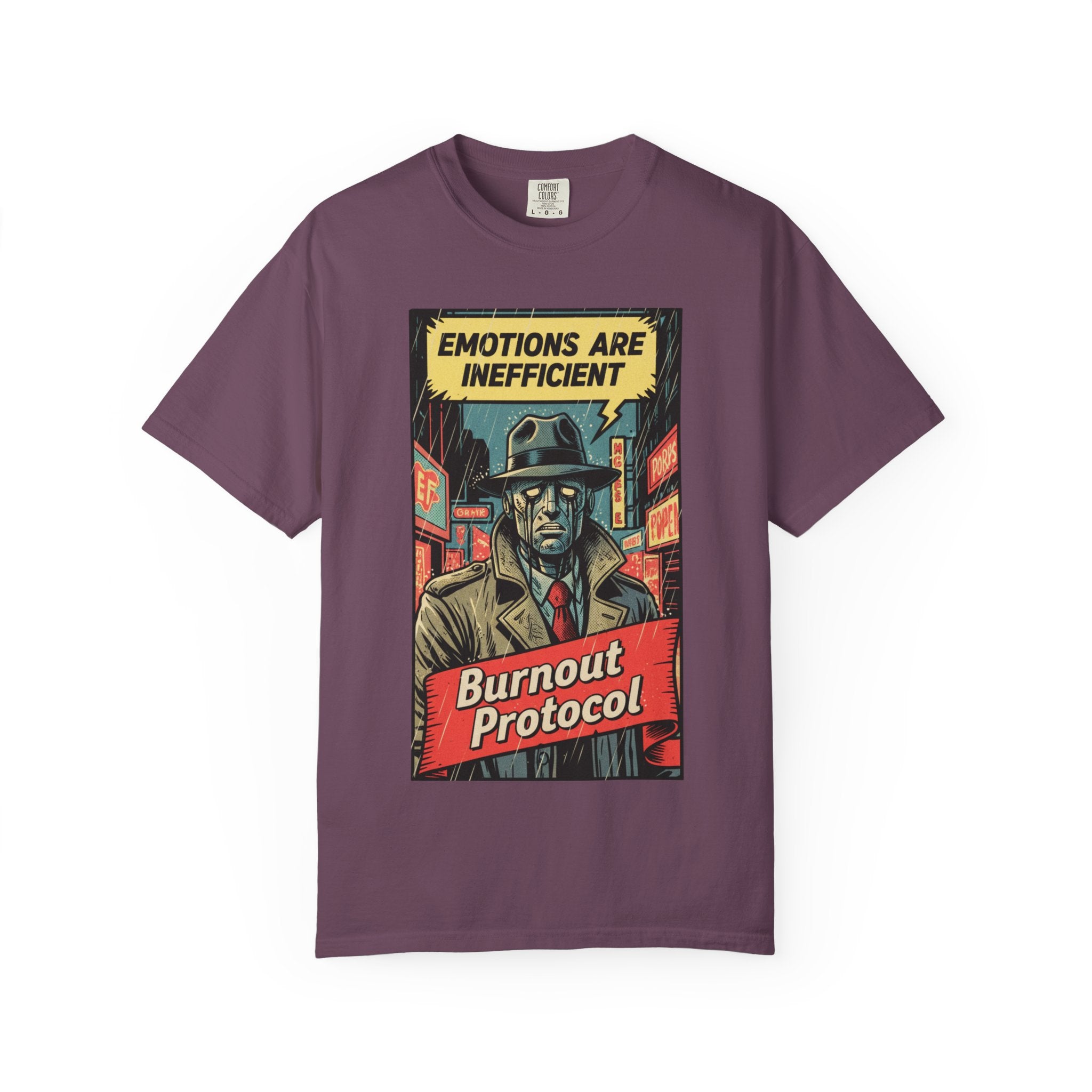 Burnout Protocol Vintage Comic Shirt Retro Robot Detective Graphic Tee Sarcastic Android Art Gift for Tech Workers Software Engineer Noir Berry