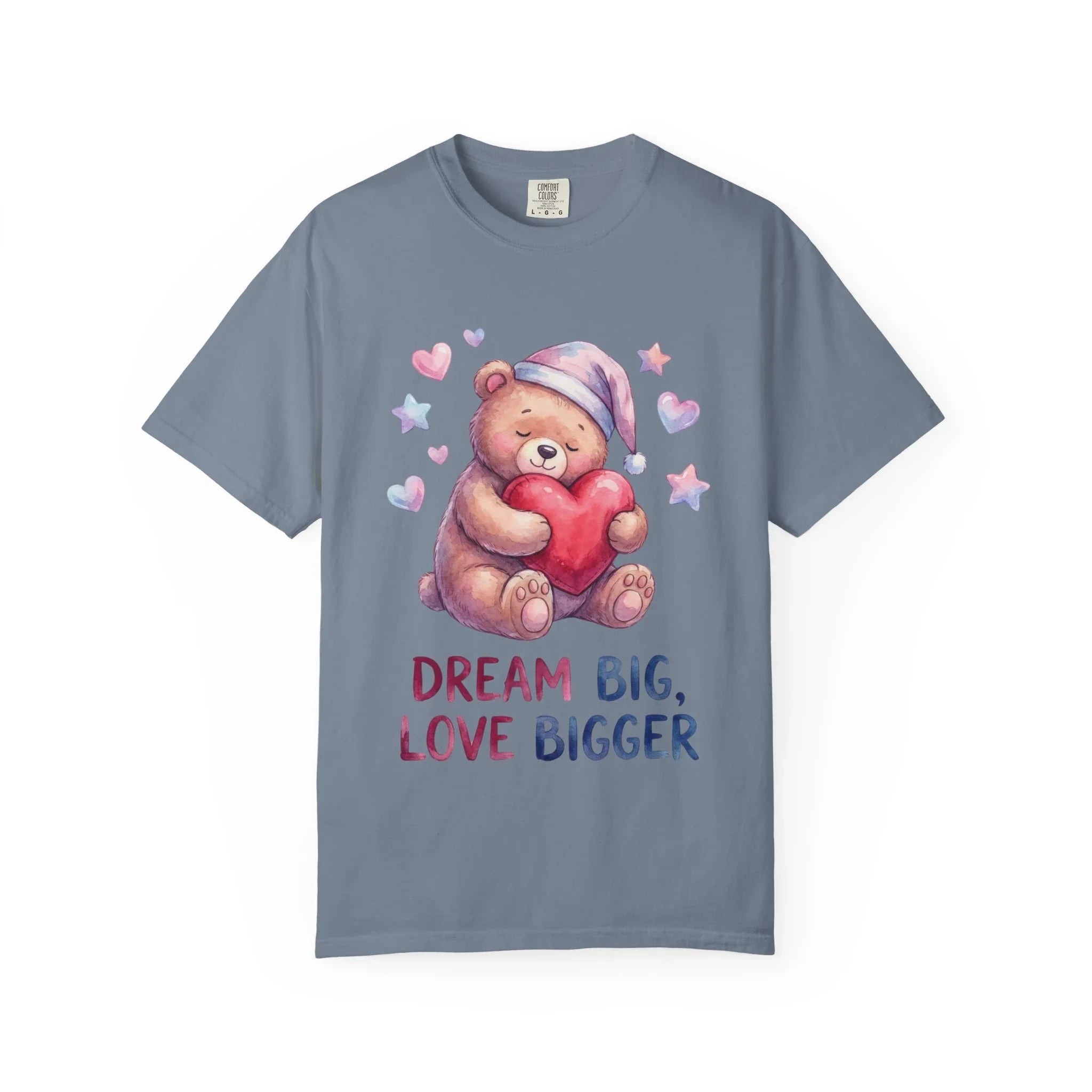 Teddy Bear Holding Heart Dream Big Love Bigger T Shirt Watercolor Cozy Vintage Aesthetic Gift Lovers Soft Cotton Motivational Tee Blue Jean