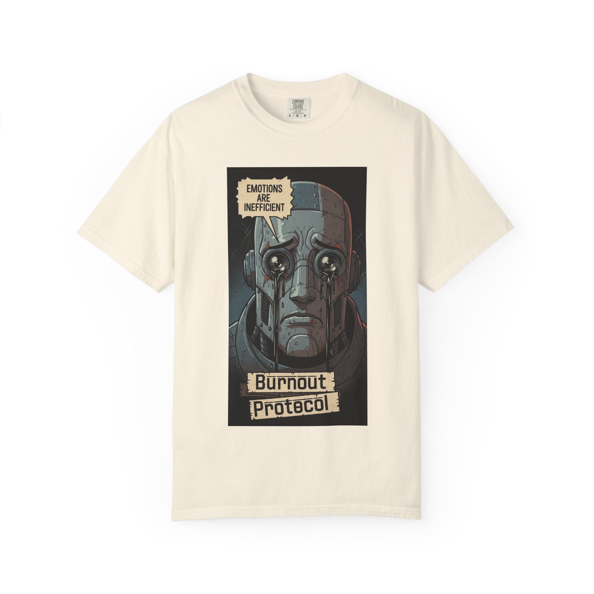 Burnout Protocol Robot Shirt Retro Comic Graphic Tee Sarcastic Android Emotions Are Inefficient Top Vintage Tech Gift for Engineers Ivory