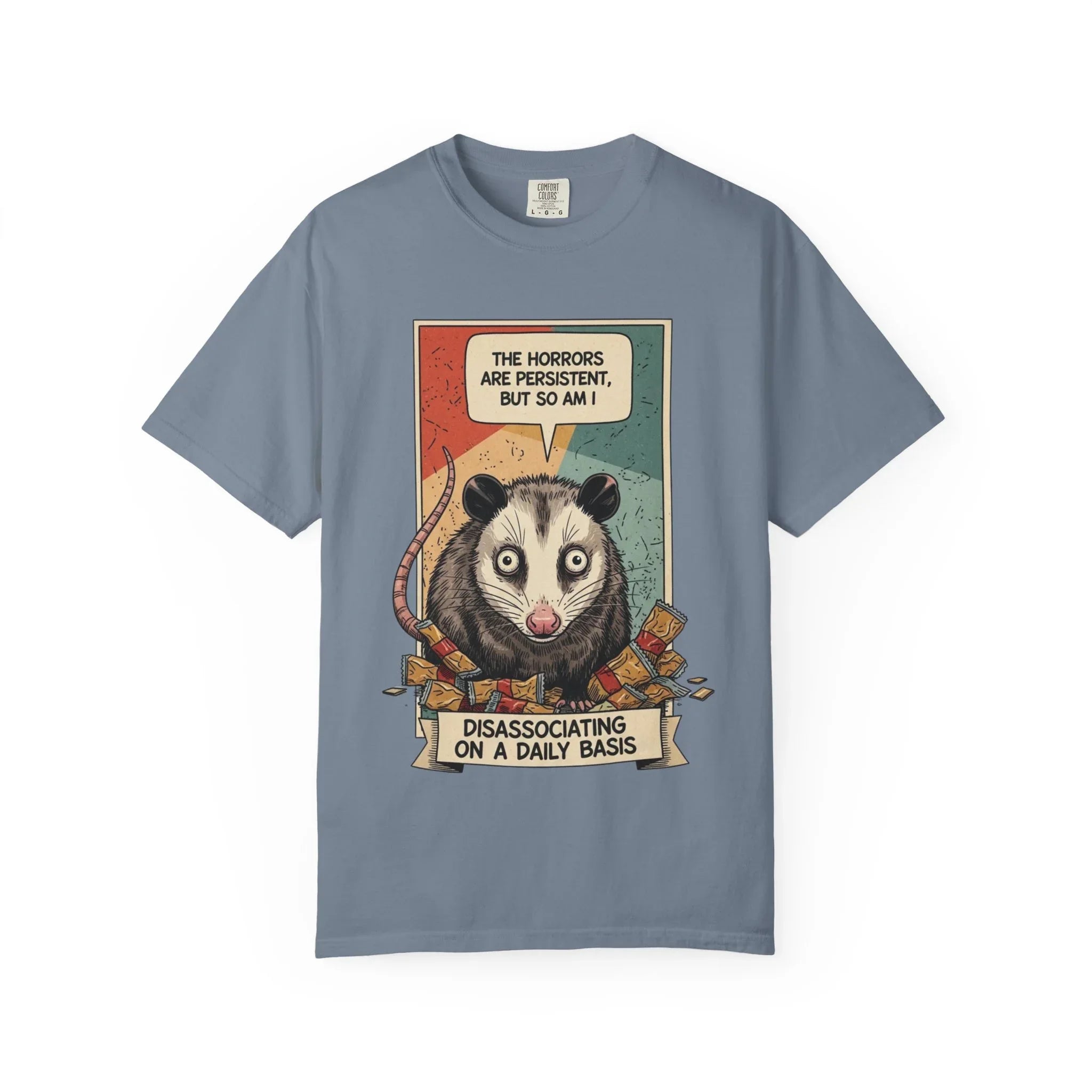 Funny Opossum Shirt - "The Horrors Are Persistent But So Am I" Tee - Mental Health Awareness Gift - Disassociation Meme Sweatshirt - Retro Trash Cat Hoodie Blue Jean