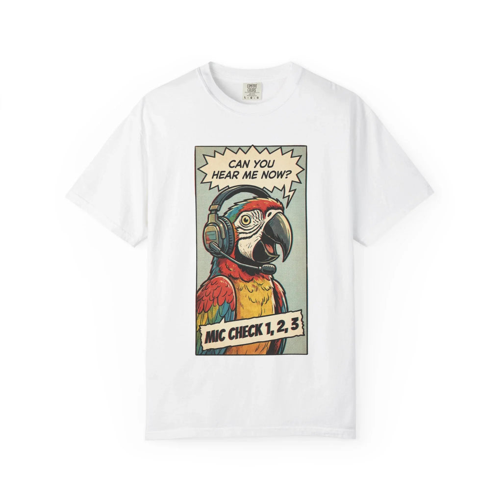 Funny Parrot Gamer Shirt - Vintage Comic Pop Art T-Shirt - Retro Macaw Bird "Mic Check" Graphic Tee - Sarcastic Podcast & Streamer Gift - Aesthetic Bird Lover Streetwear